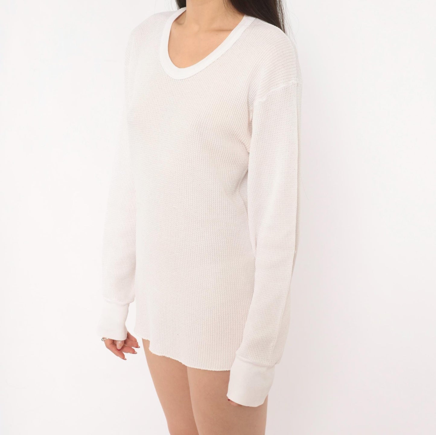 90s Waffle Knit Thermal Ivory Scoop Neck Long Sleeve Cotton Tee Large