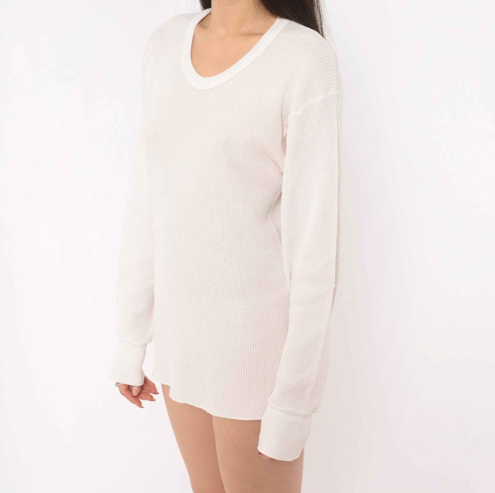 90s Waffle Knit Thermal Ivory Scoop Neck Long Sleeve Cotton Tee Large