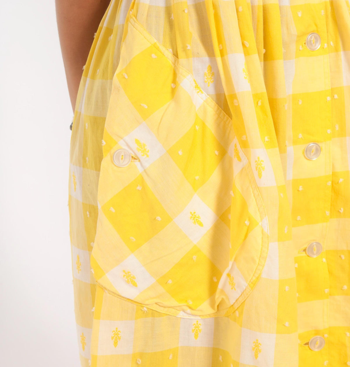 60s Yellow White Gingham Cotton Sundress Button Front Pleated Knee Length Extra Small