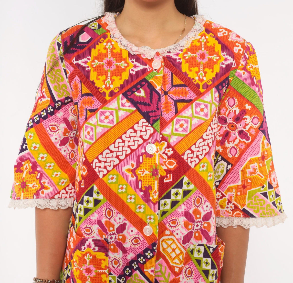 1970s Patchwork Button Front Shift Dress Knee Length Cotton Multicolor Medium M