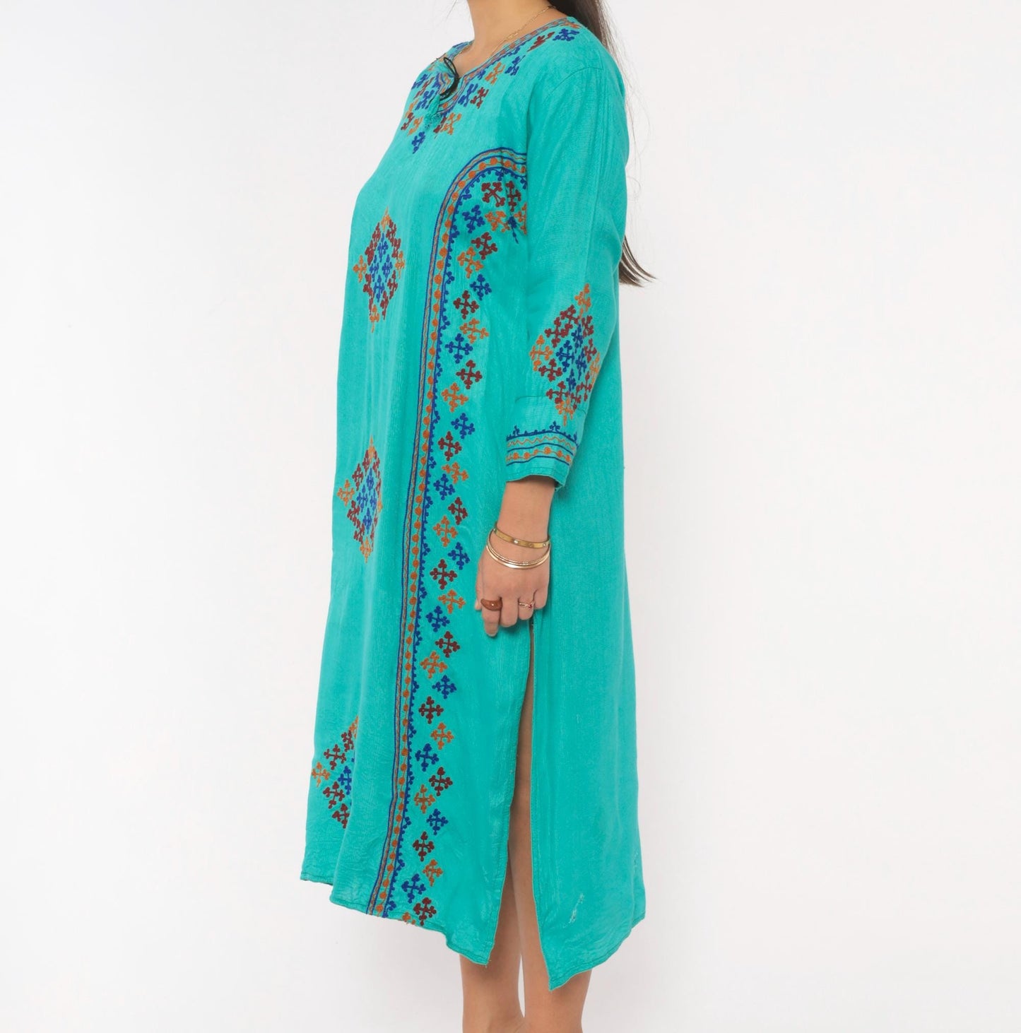 Y2K Teal Cotton Kaftan Embroidered Cross Stitch Diamond Tunic Dress Medium M