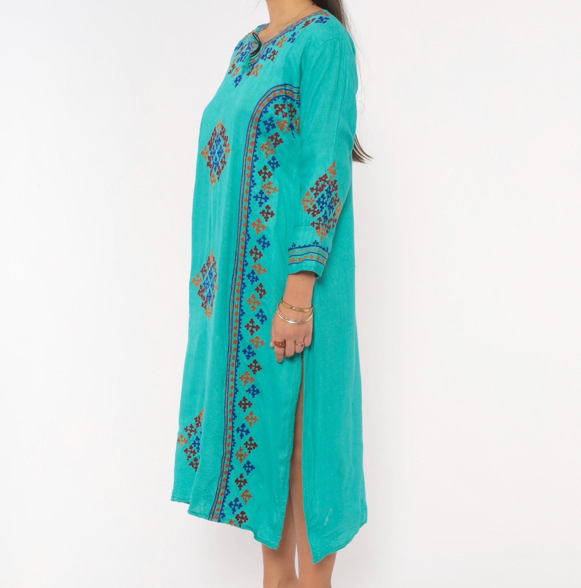 Y2K Teal Cotton Kaftan Embroidered Cross Stitch Diamond Tunic Dress Medium M