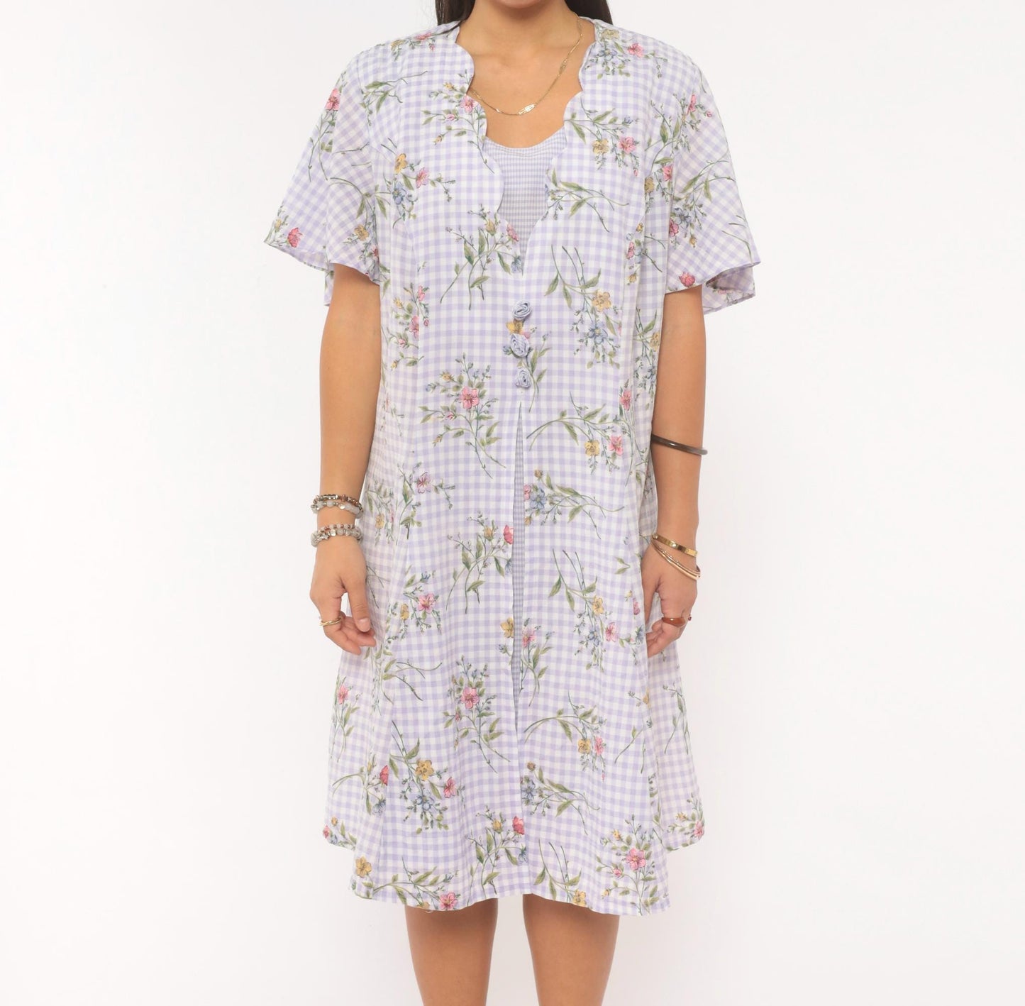 90s Sarah Richards Plus Lavender Gingham Floral Dress Flutter Sleeve A-Line Extra Large XXL