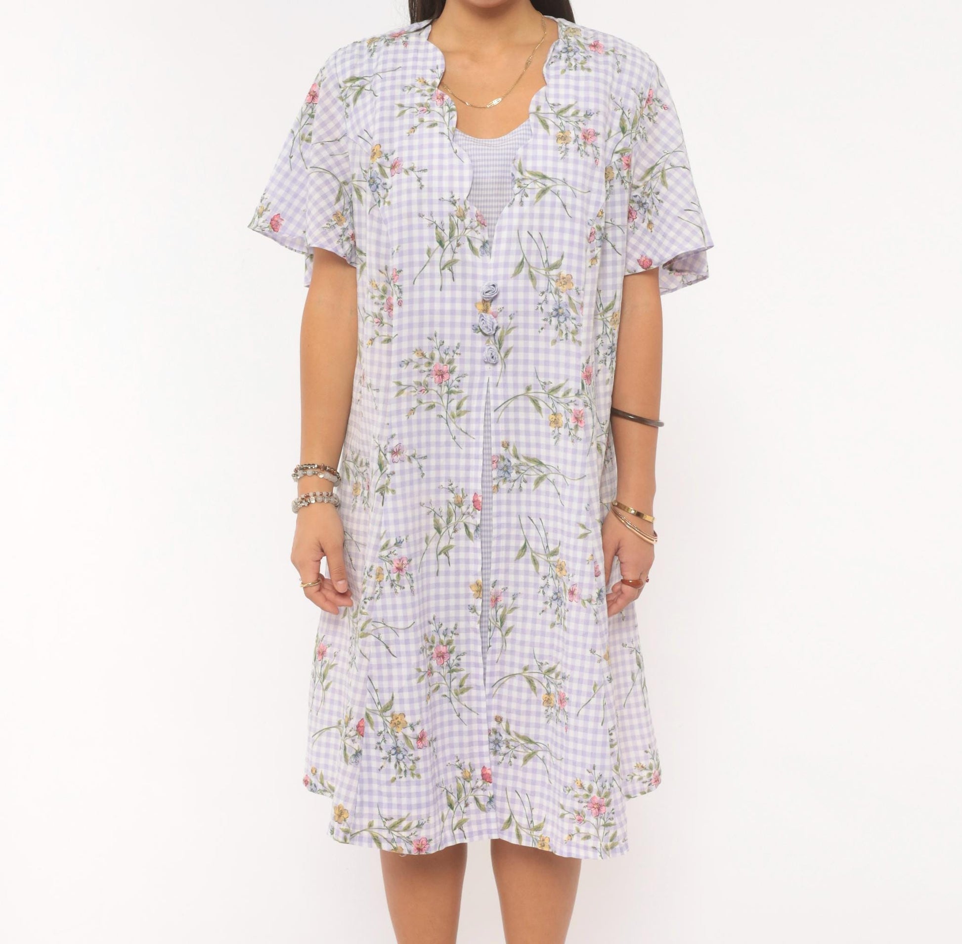 90s Sarah Richards Plus Lavender Gingham Floral Dress Flutter Sleeve A-Line Extra Large XXL