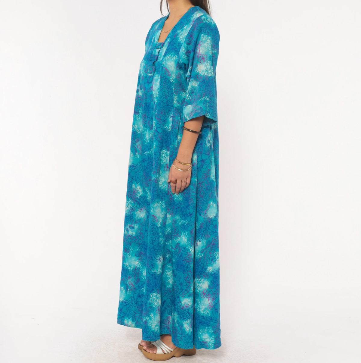 70s Psychedelic Floral Maxi Dress Blue Purple Teal Cotton Square Neck Medium
