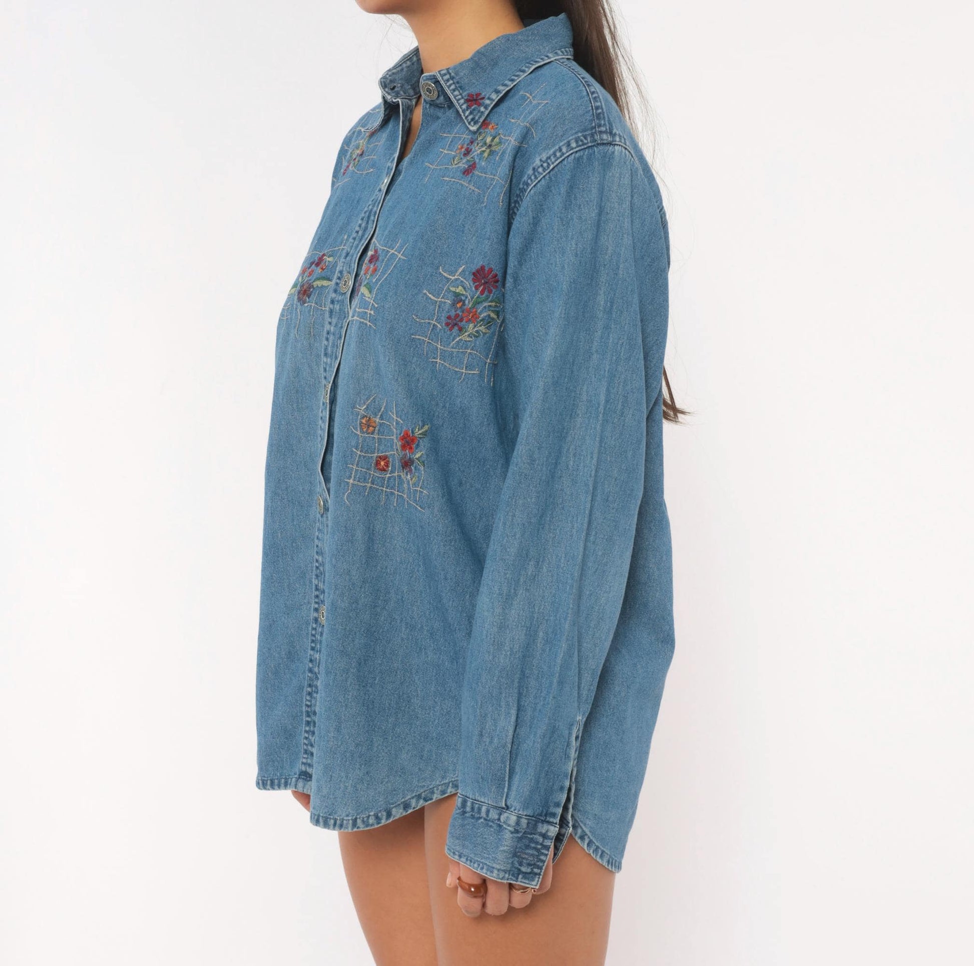 90s Floral Embroidered Denim Shirt Cotton Button-Up Lattice Trellis Large L