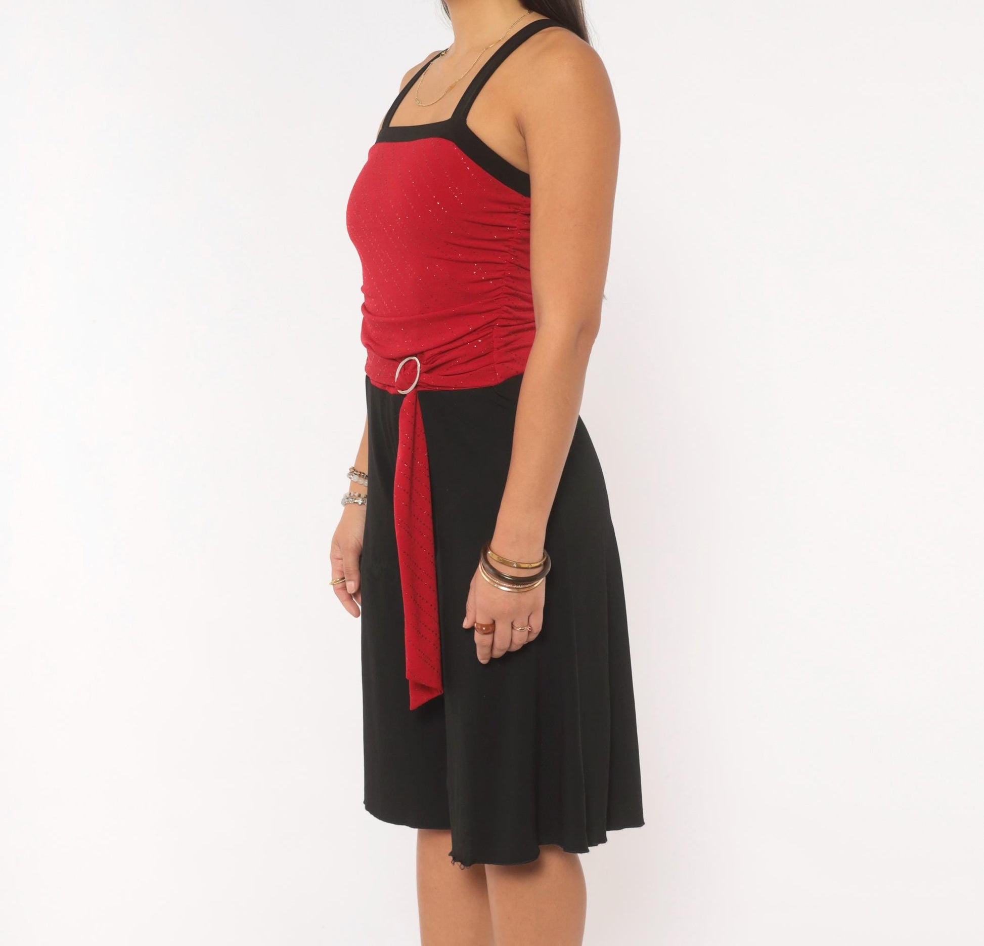 Y2K Byergirl Red Glitter Black Wide-Leg Jumpsuit Ruched Bodice XS
