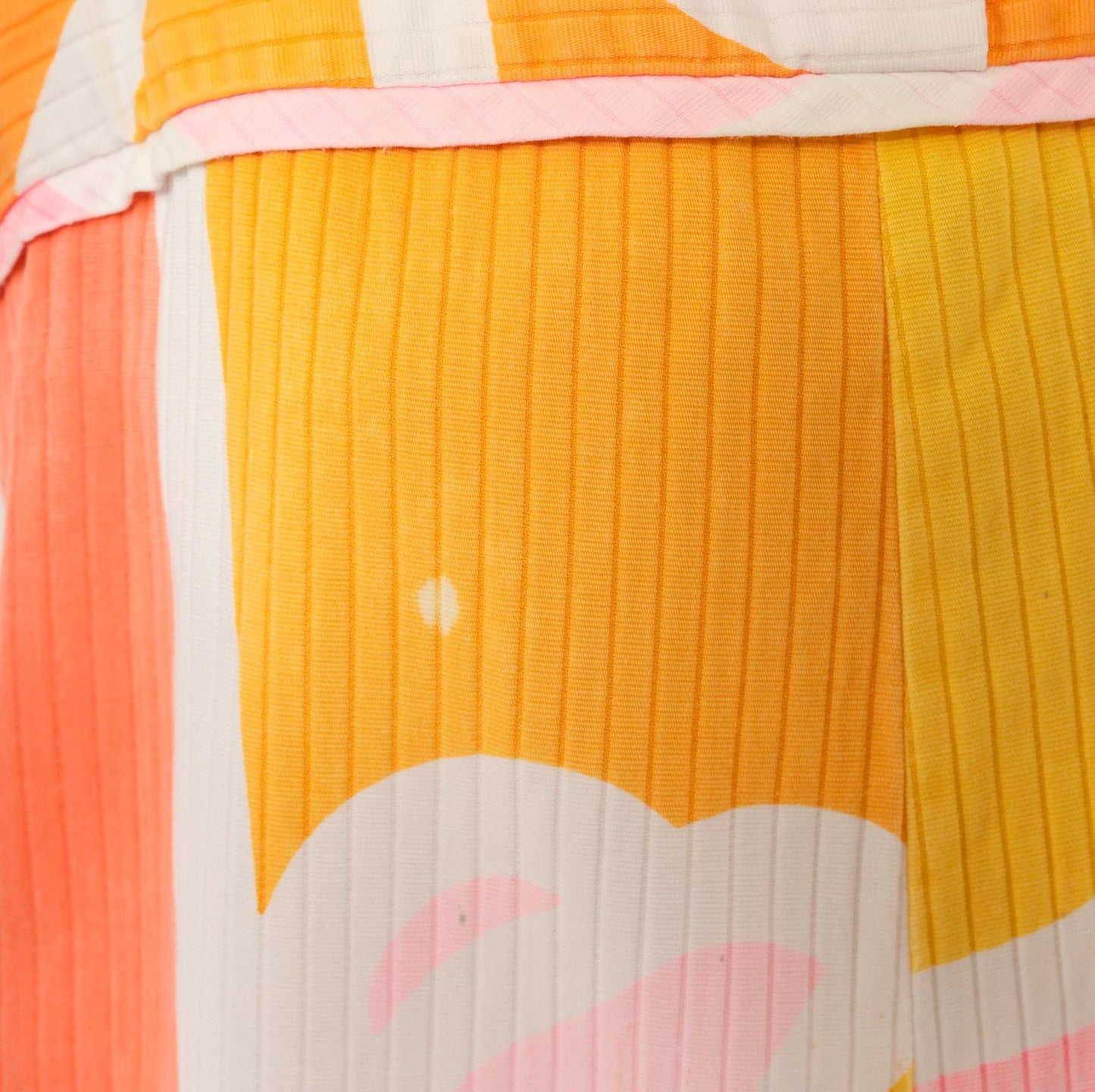 70s Andrade Hawaiian Swirl Mini Dress Yellow Pink Orange Ruffle Cap Sleeve Small