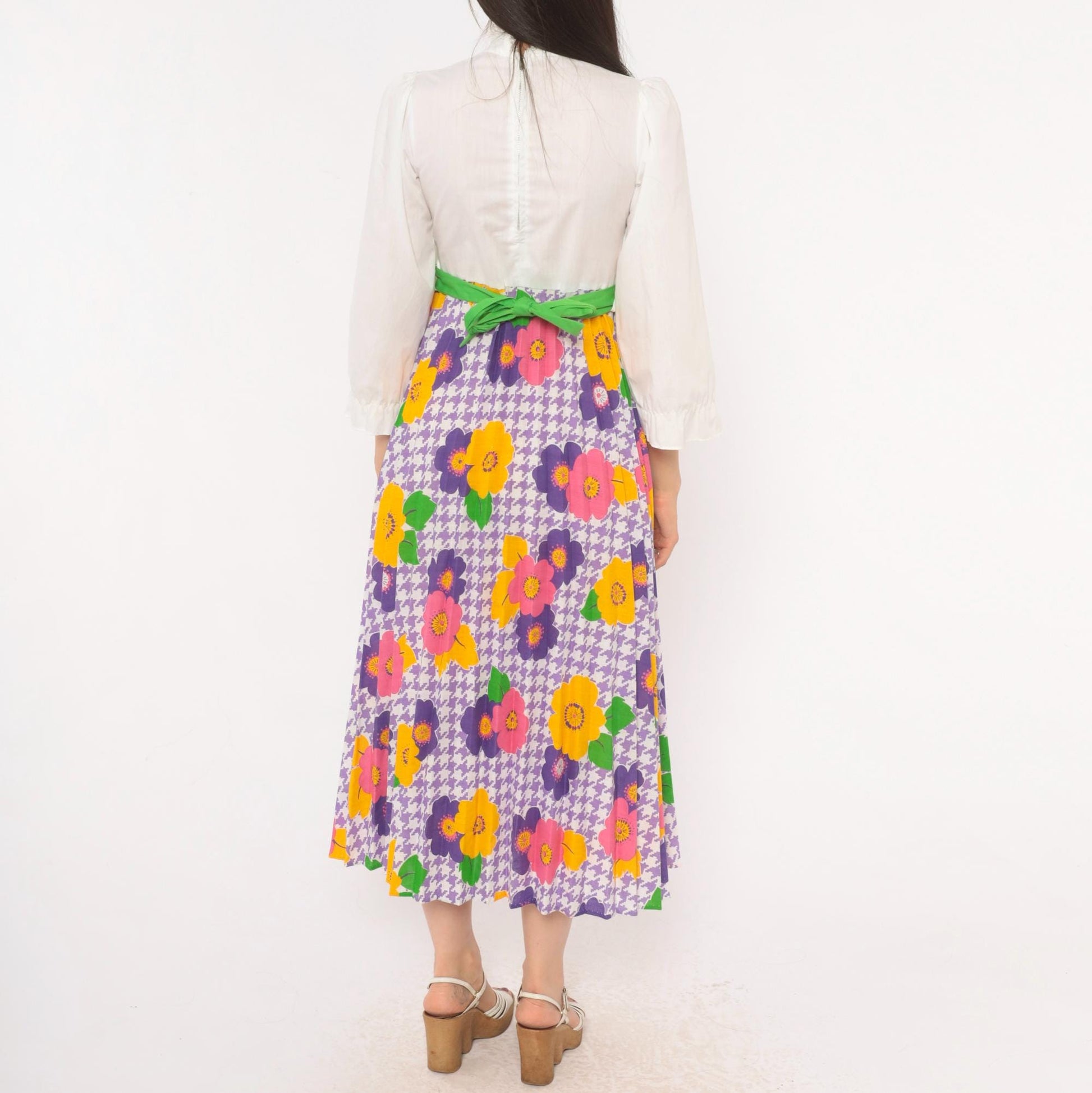 70s Growing Girl Floral Midi Dress Puff Sleeve High Neck White Purple Pink Extra Small XS