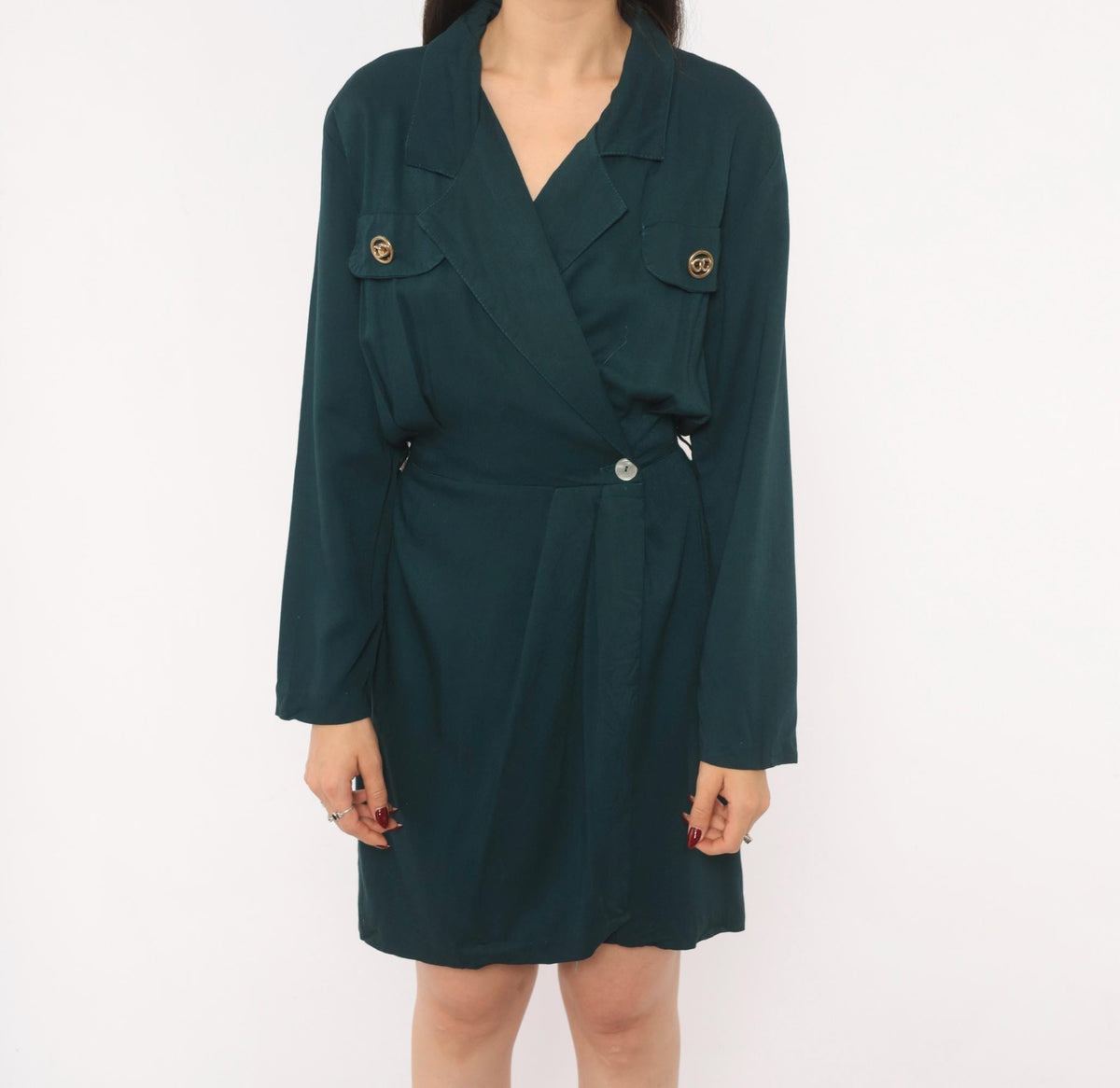 90s Deborah Teal Wrap Dress Gold Button Notched Collar Knee Length Small