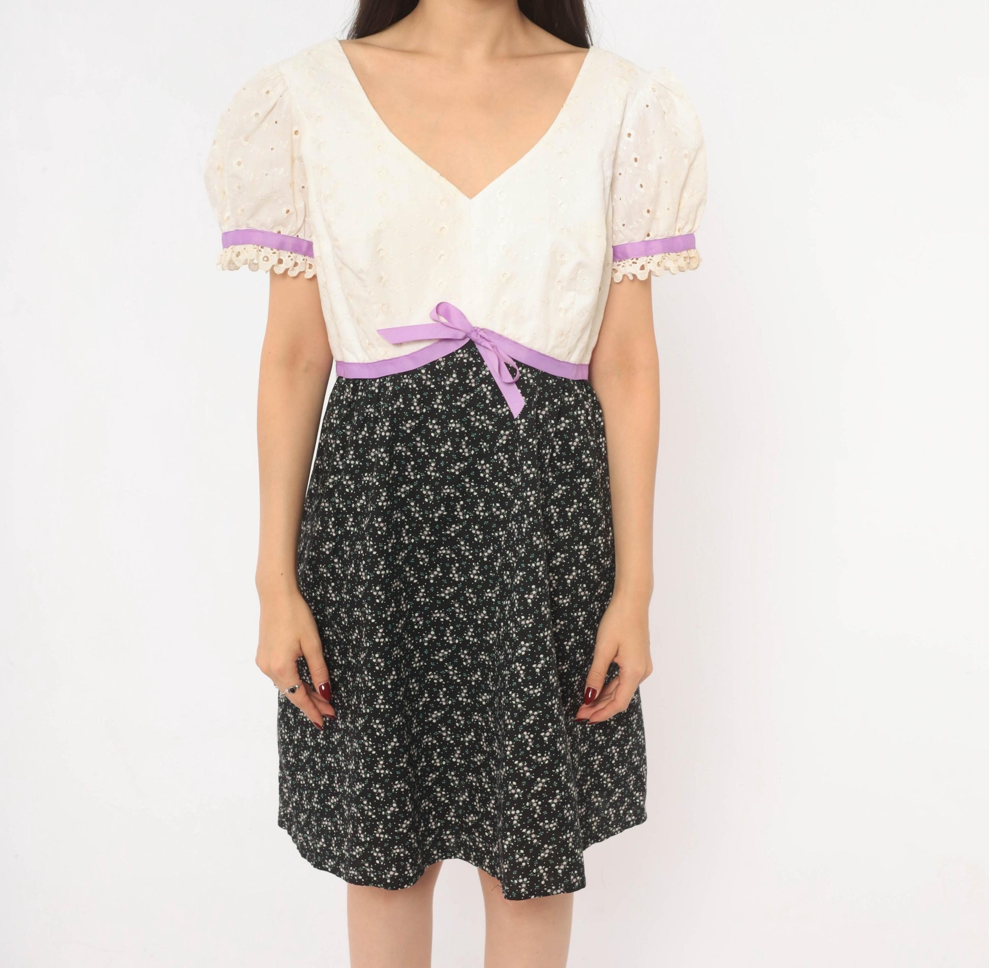 70s Princess Kaiulani Empire Waist Dress Eyelet Puff Sleeve Black Floral Medium M