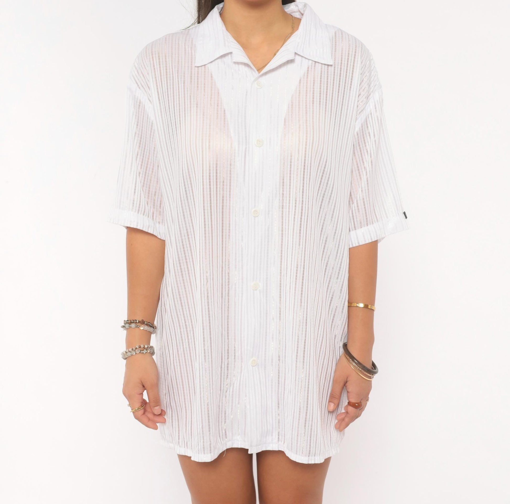 Y2K Solo White Striped Camp Collar Shirt Short Sleeve Plus Size 2X