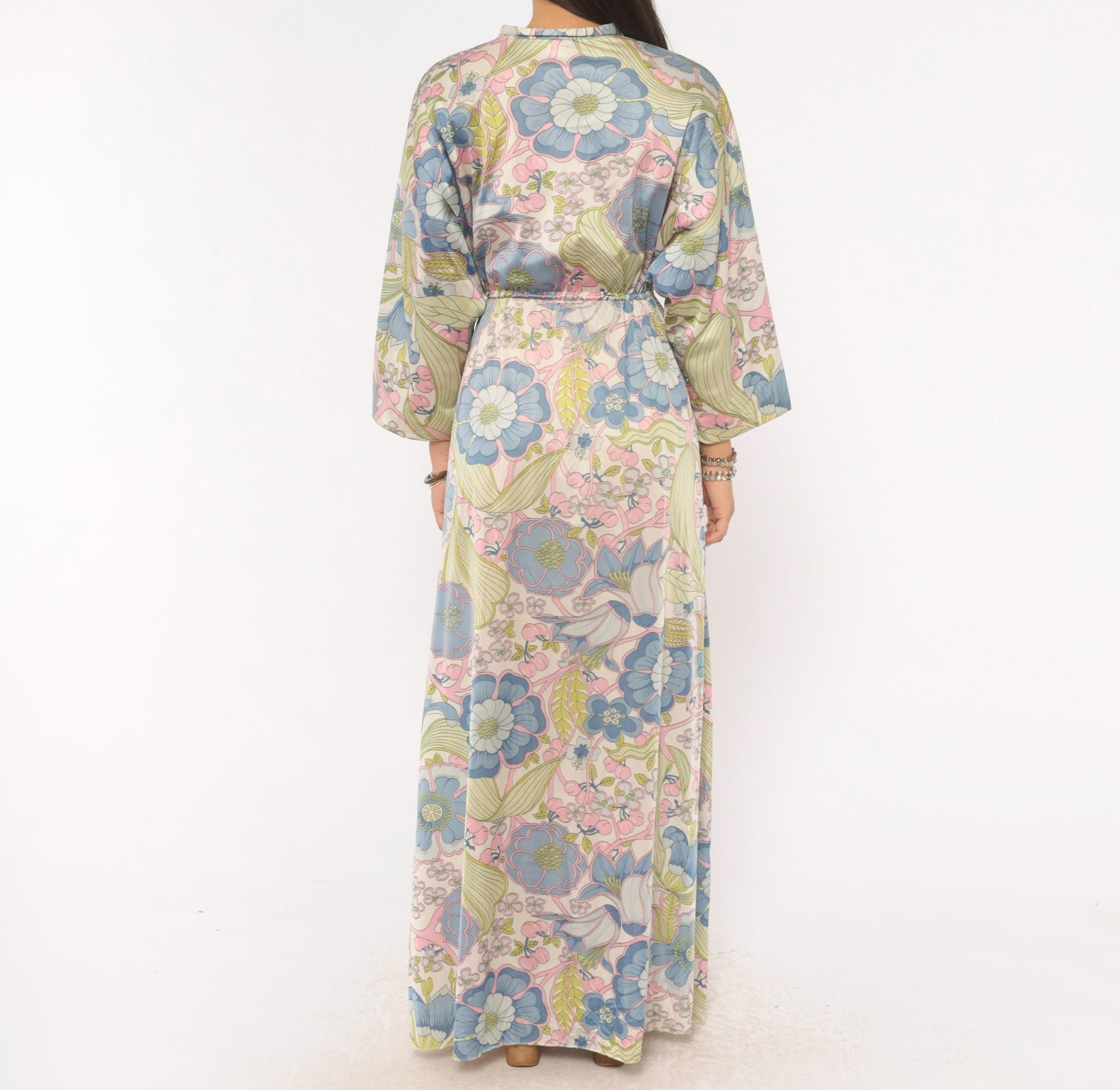 70s Vanity Fair Psychedelic Floral Maxi Dress Nylon Kimono Sleeve Medium