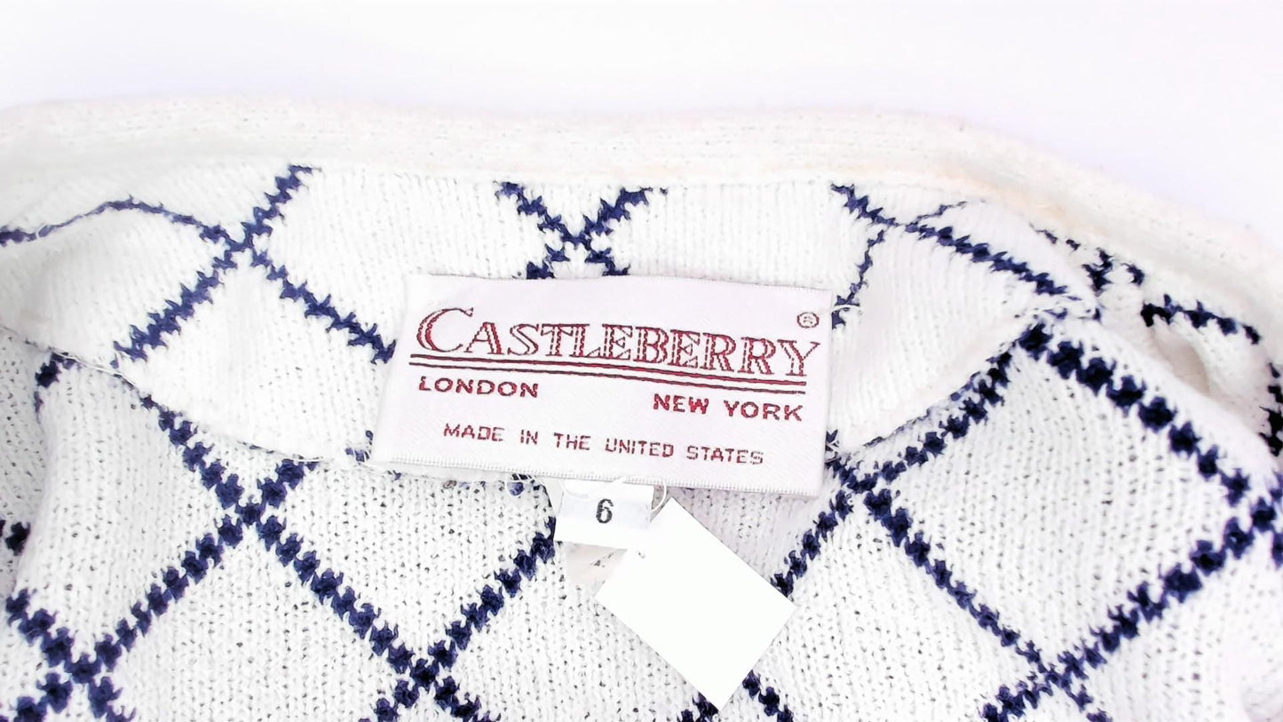 80s Castleberry Navy Diamond Knit Blazer White Trim Collarless Small