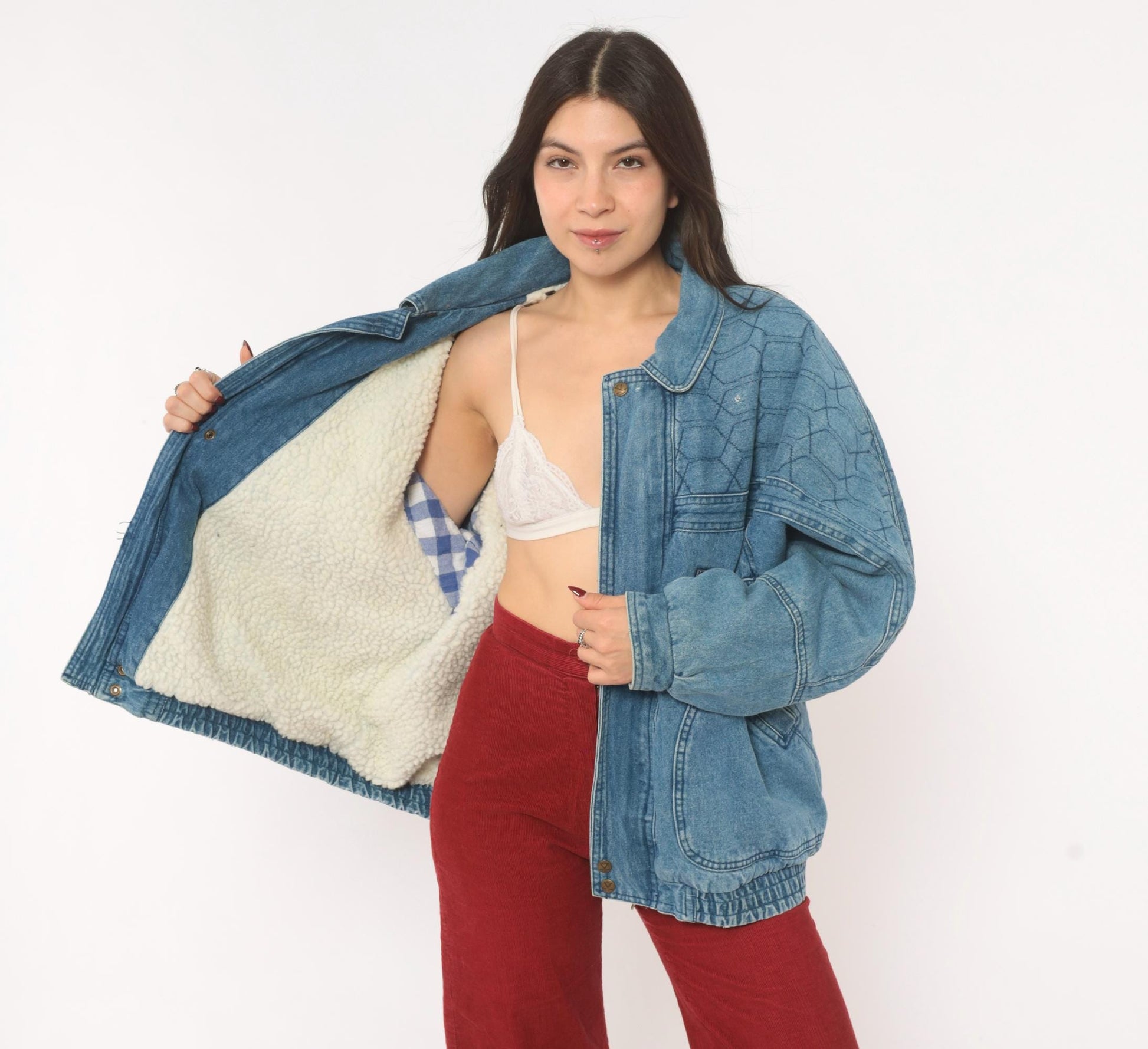 90s Kongloon Quilted Denim Bomber Sherpa Lined Jean Jacket Blue Large