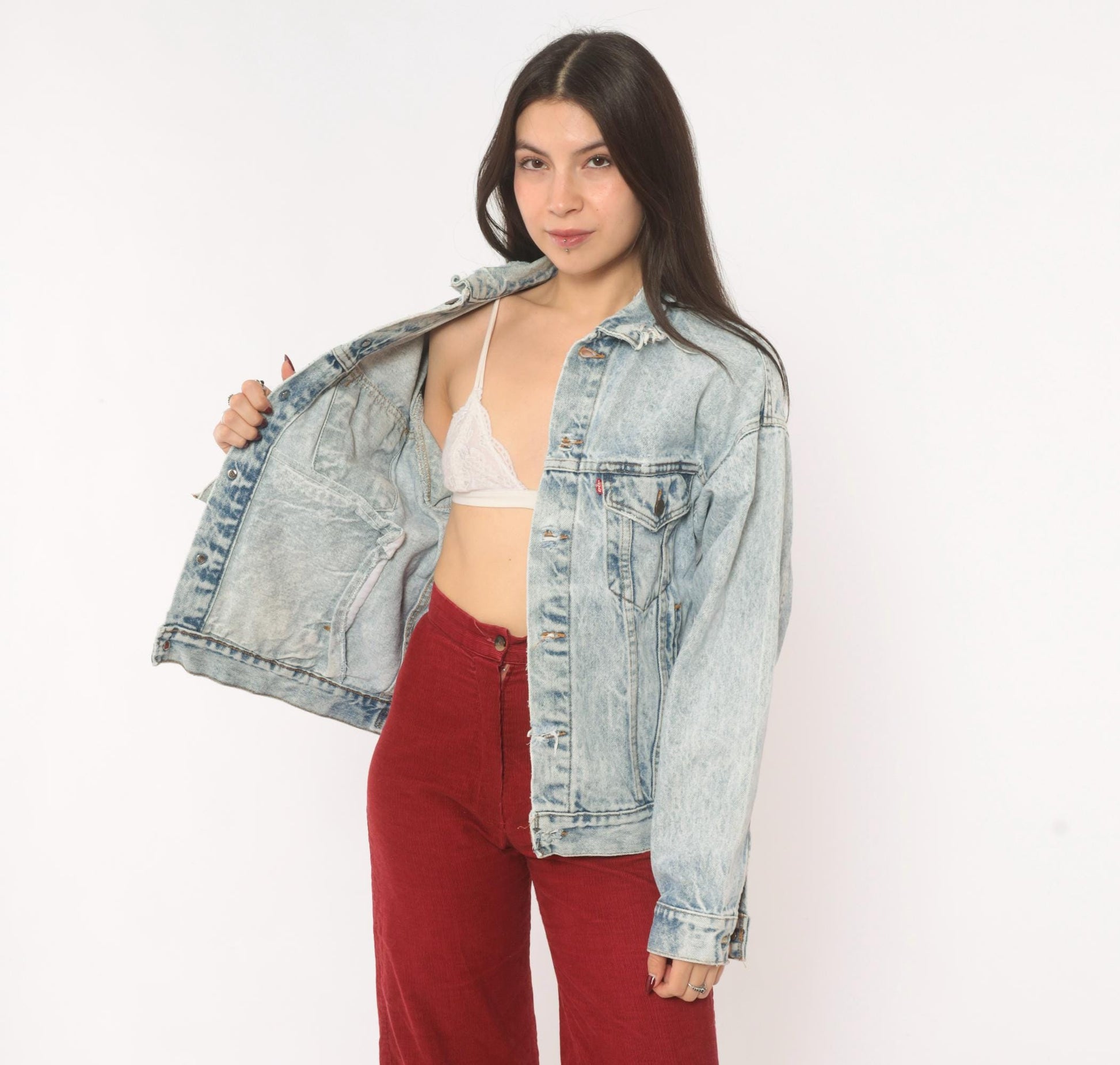 80s Levi's Acid Wash Denim Trucker Jacket Light Blue Distressed XS