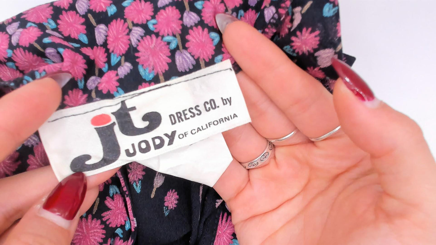 70s JT Jody of California Floral Wrap Dress Black Pink Gradient Knee-Length Medium