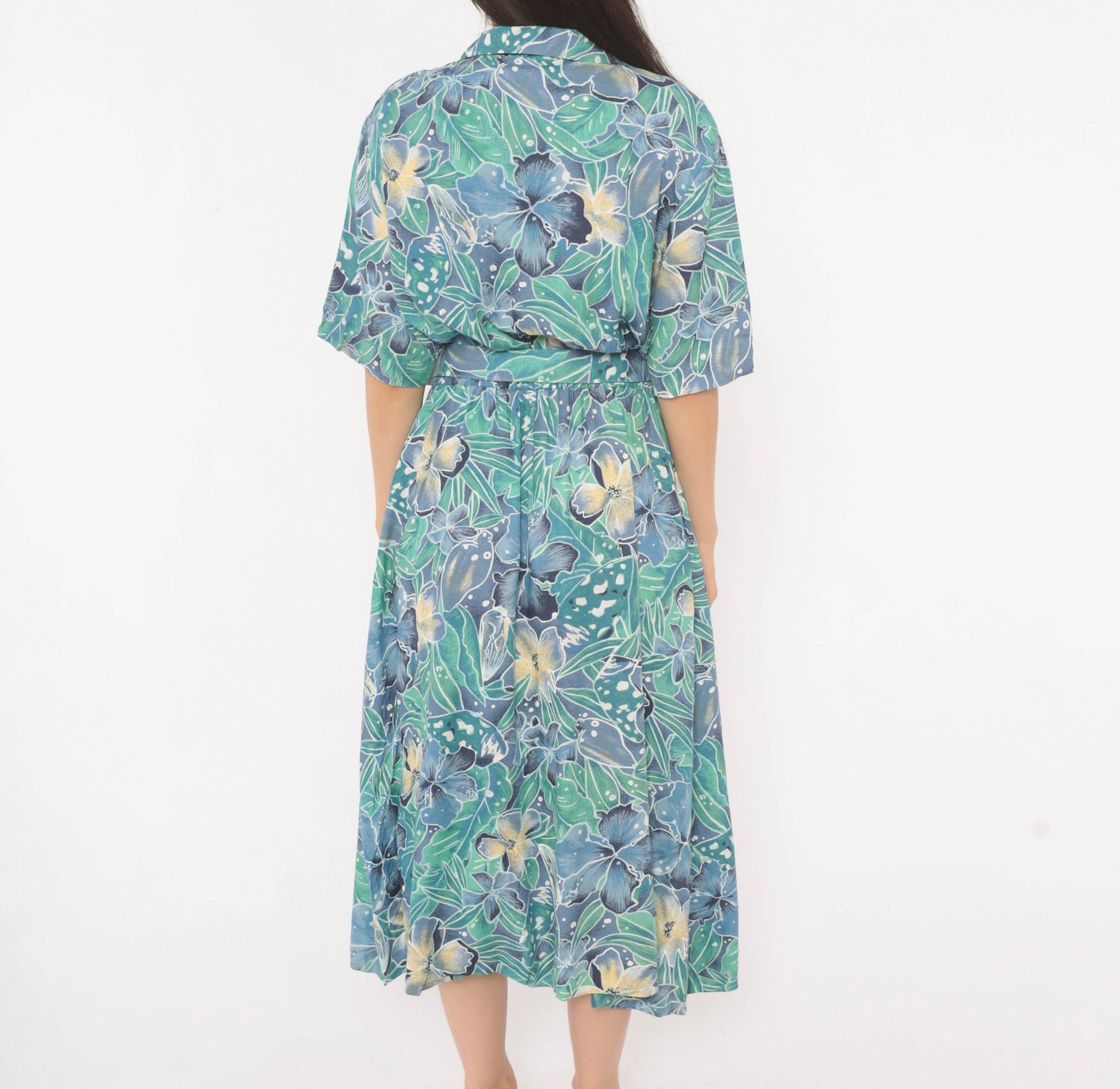 80s Elinor Carolina Maid Tropical Floral Shirtdress Blue Midi Medium