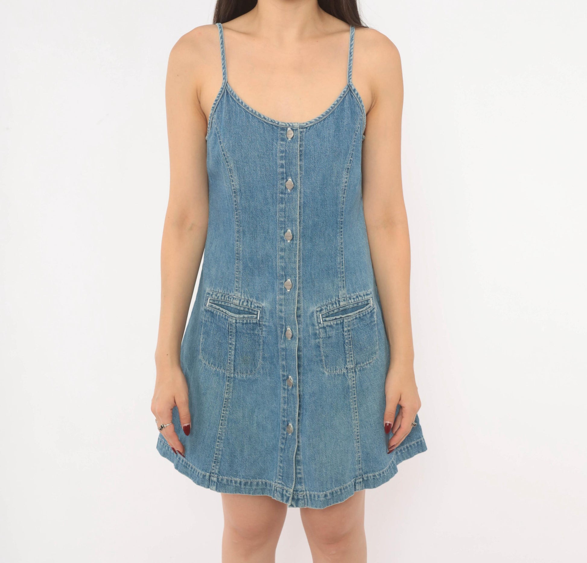 90s Dockers Denim Mini Dress Button Front Spaghetti Strap Blue Small