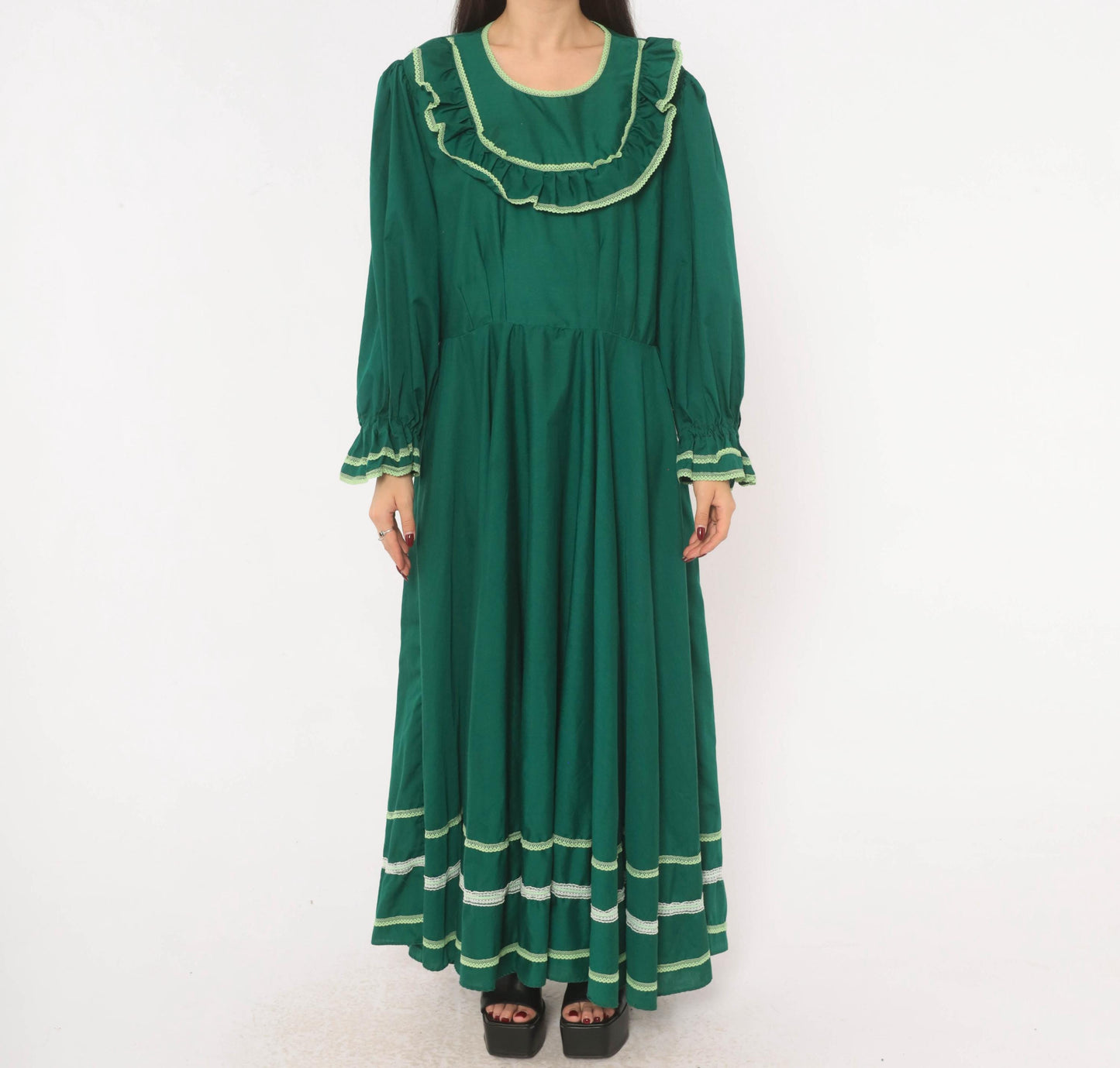 70s Forest Green Prairie Maxi Dress Lace Ruffle Puff Sleeve Large L