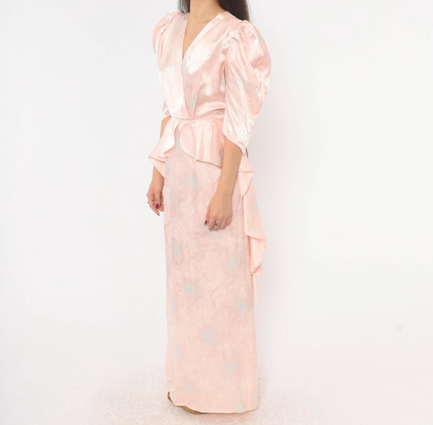 80s Zum Zum Puff Sleeve Maxi Gown Blush Pink Jacquard Floral Extra Small XS