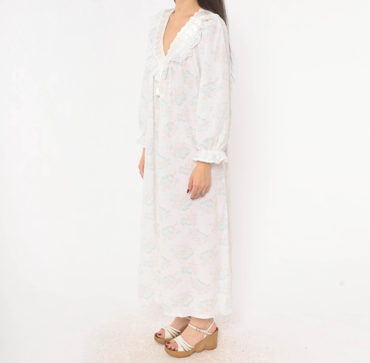 90s Gilligan O'Malley Floral Maxi Robe Puff Sleeve Eyelet Collar Pink Teal Medium M