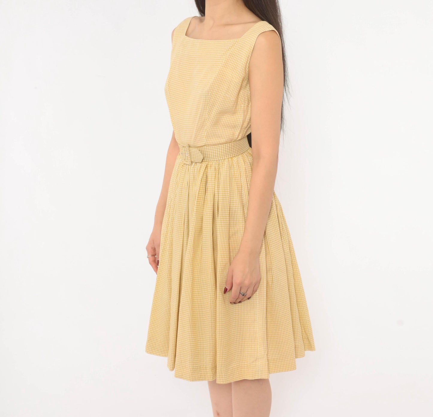 1950s P.S. Andrews Co Gingham Sundress Yellow White Cotton Fit Flare Extra Small XS