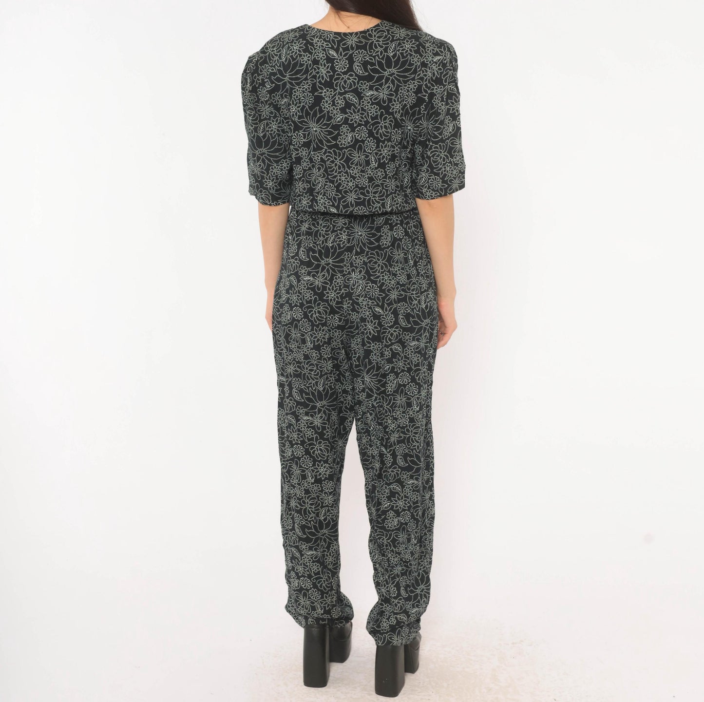 90s Molly Malloy Floral Jumpsuit Black White Dotted Print V Neck Small