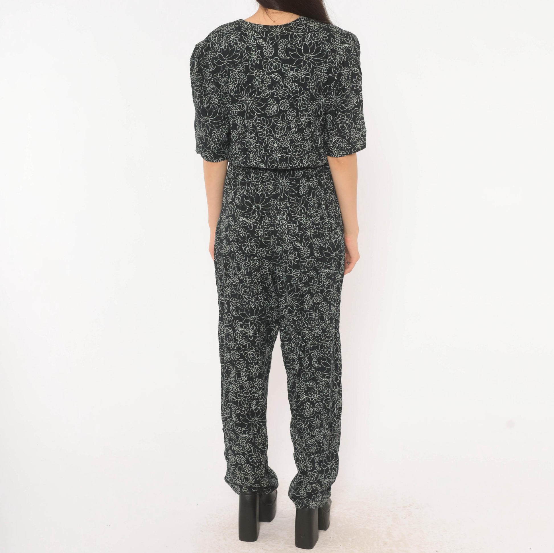 90s Molly Malloy Floral Jumpsuit Black White Dotted Print V Neck Small