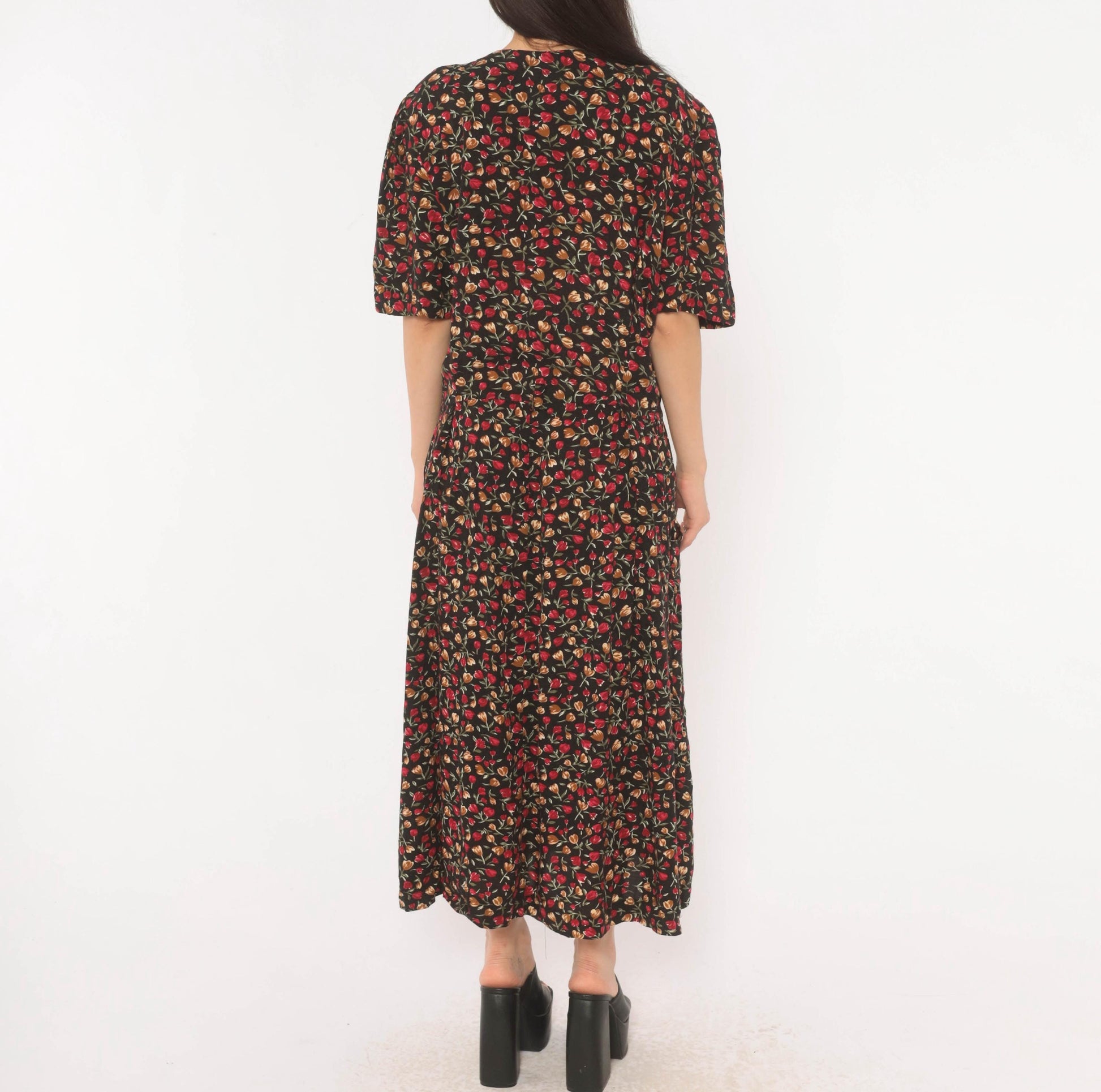 90s Periwinkle Black Tulip Maxi Dress Red Floral Puff Sleeve Plus Size XXL