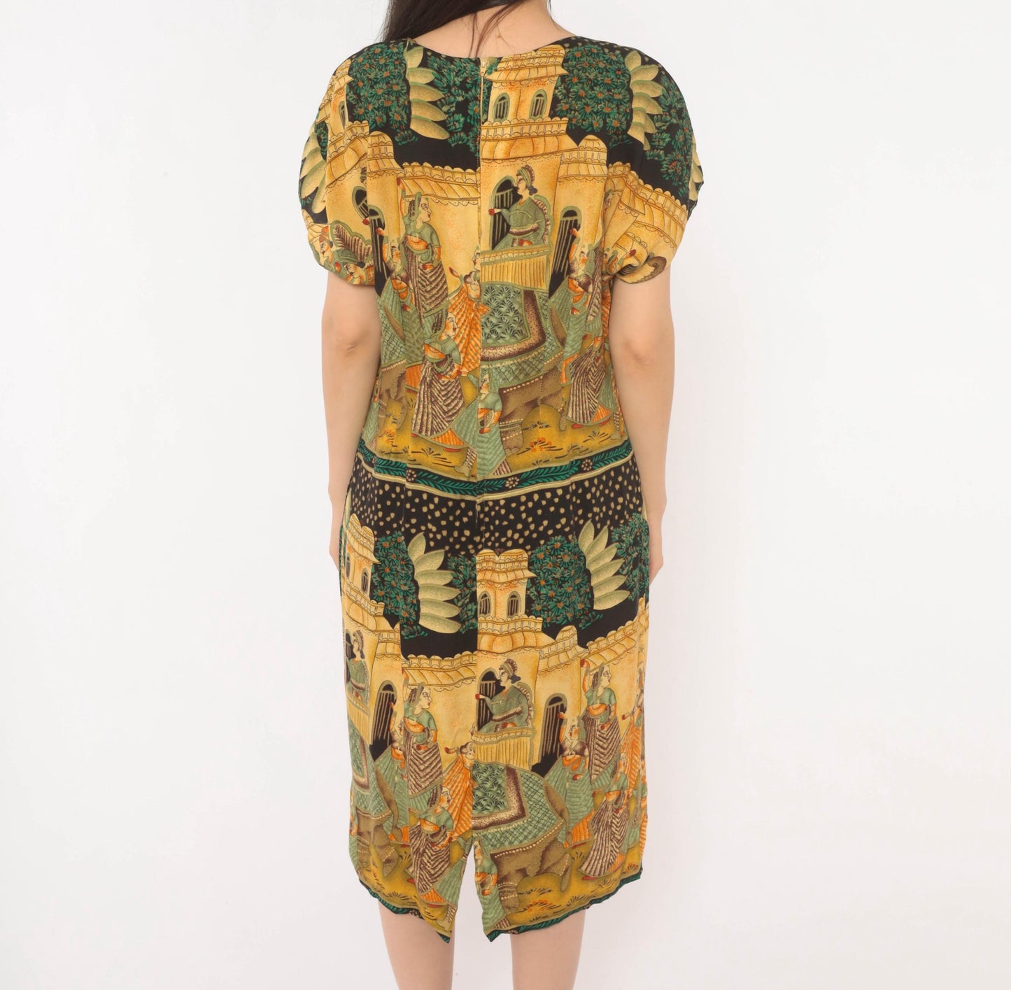 90s Mughal Palace Print Shift Dress Mustard Green Rayon Medium M