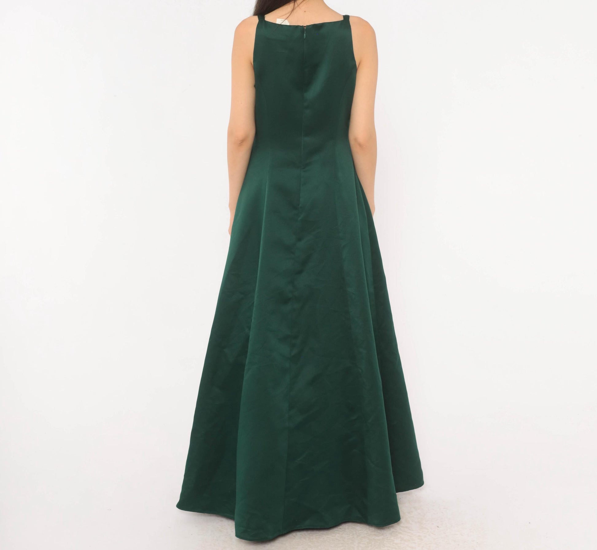 90s Betsy & Adam Emerald Satin Maxi Gown Square Neck A-Line Evening Dress Small