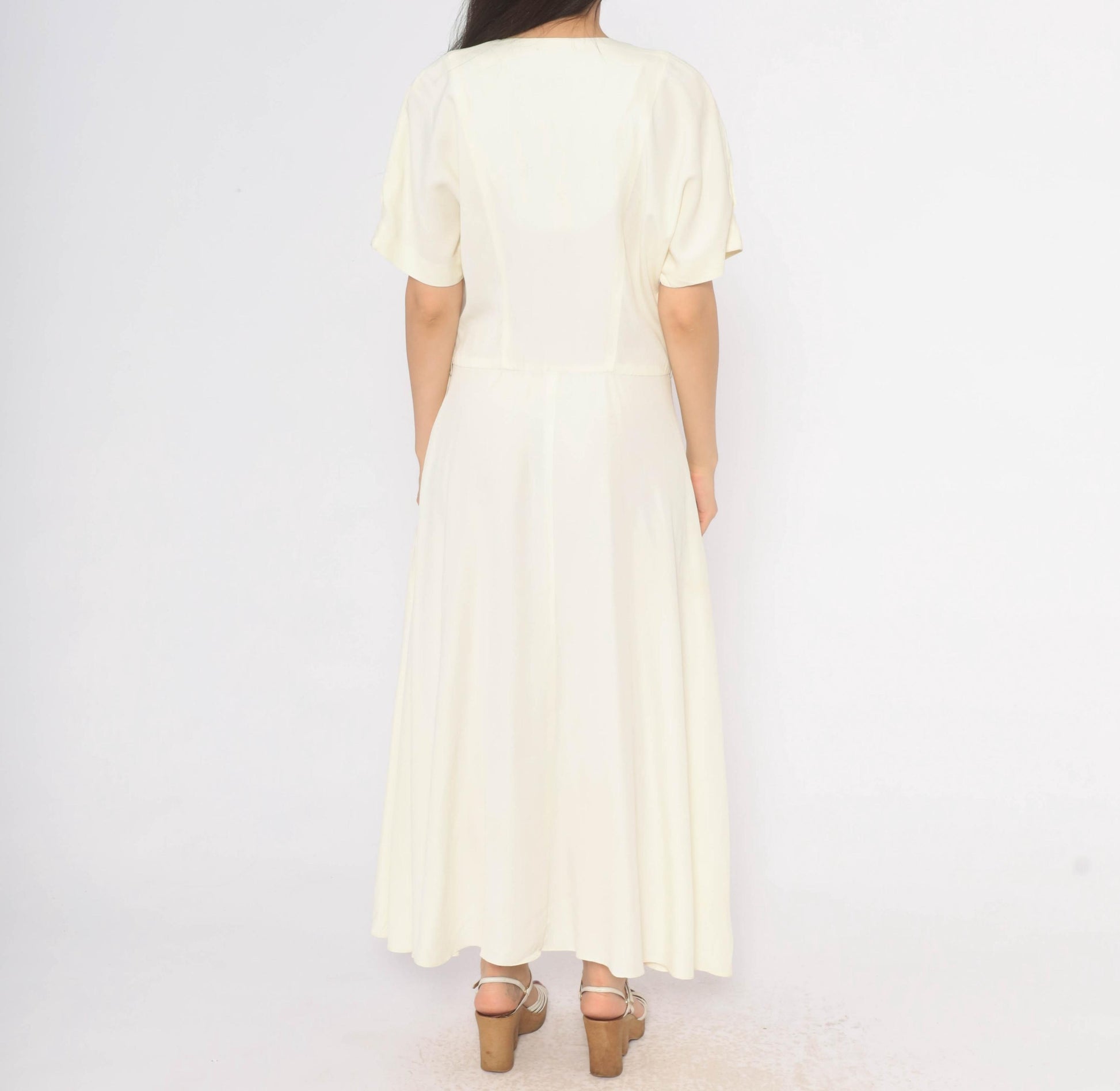 90s E.D. Michaels Cream Button Front Maxi Dress Puff Sleeve Drop Waist Medium M