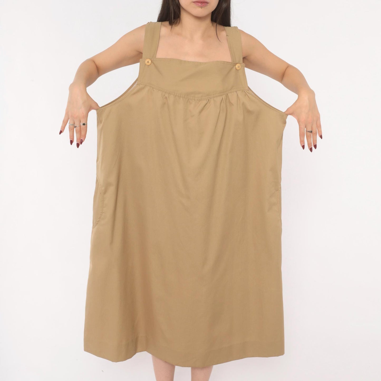 80s Tan Cotton Jumper Dress Square Neck Button Strap Midi Pinafore Large L