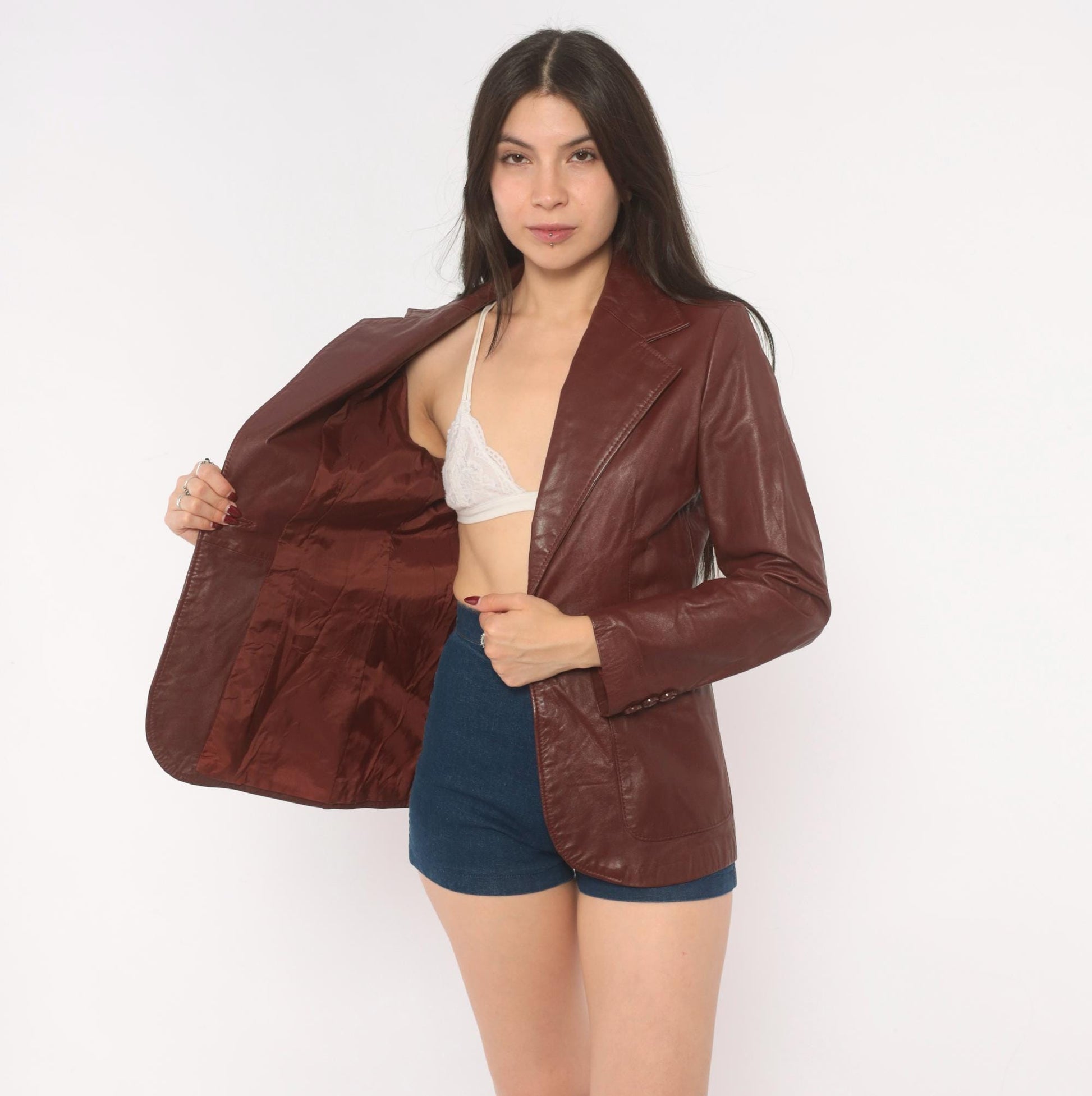 70s Burgundy Leather Blazer Single Button Notched Lapel Fitted Waist XS