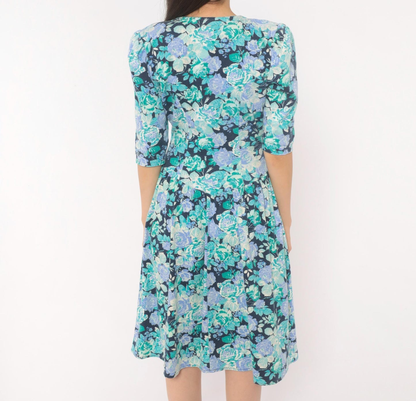 80s Stash Floral Dress Rose Print Sweetheart Neckline Puff Sleeve Navy Extra Small XS