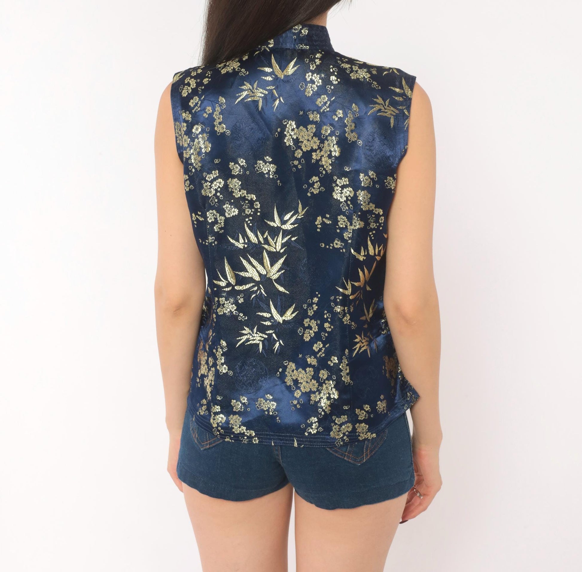 90s Navy Silk Cheongsam Vest Gold Bamboo Brocade Mandarin Collar Small S