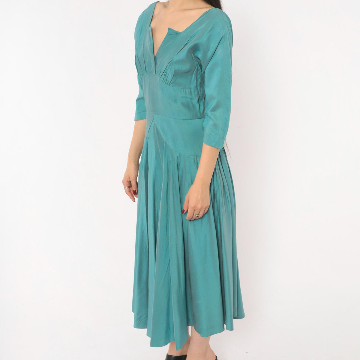 1940s Teal Dress V-Neck Three Quarter Sleeve Drop Waist Midi Small S