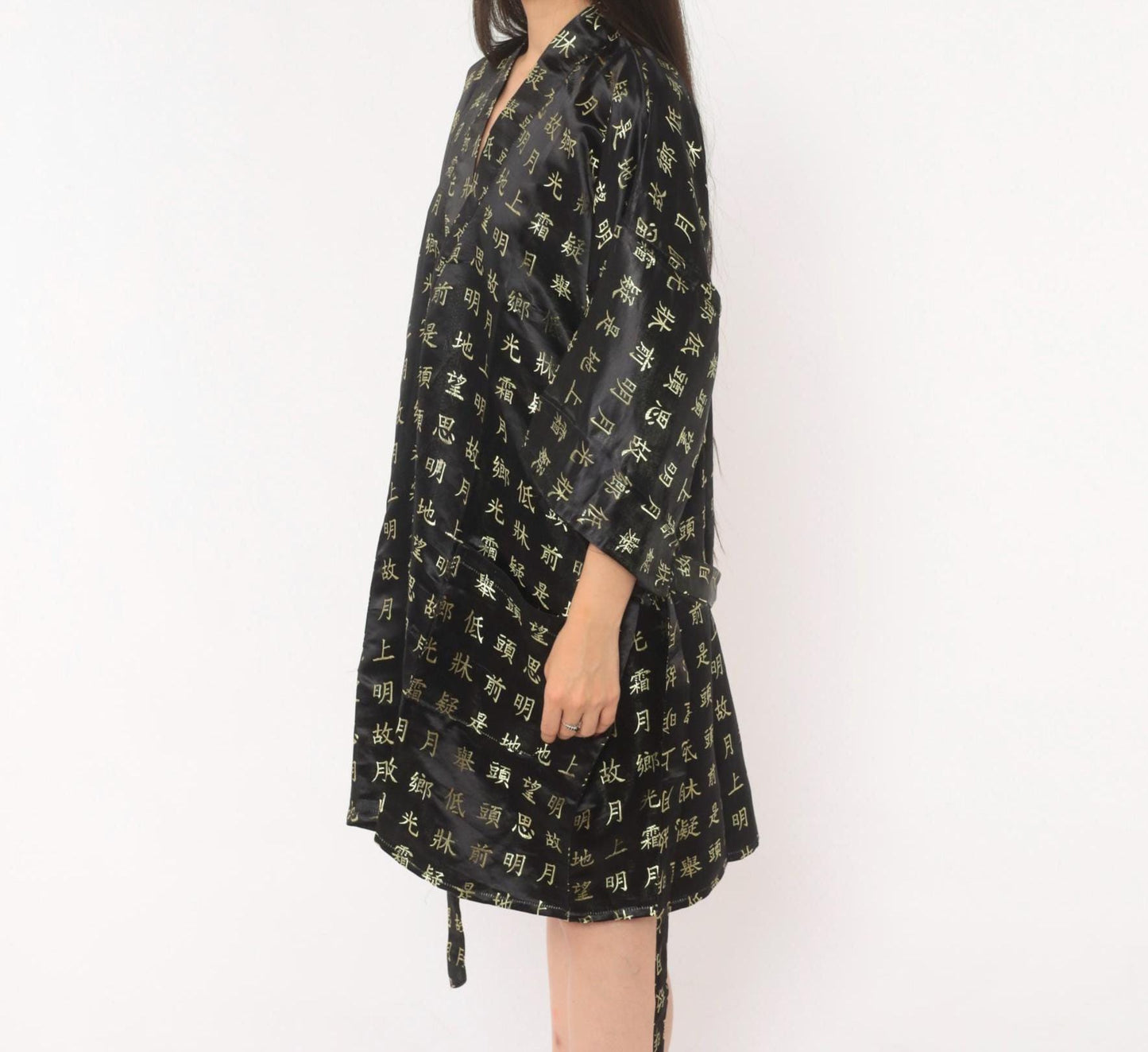 90s Chinese Calligraphy Kimono Robe Black Gold Wrap Tie Front Extra Large
