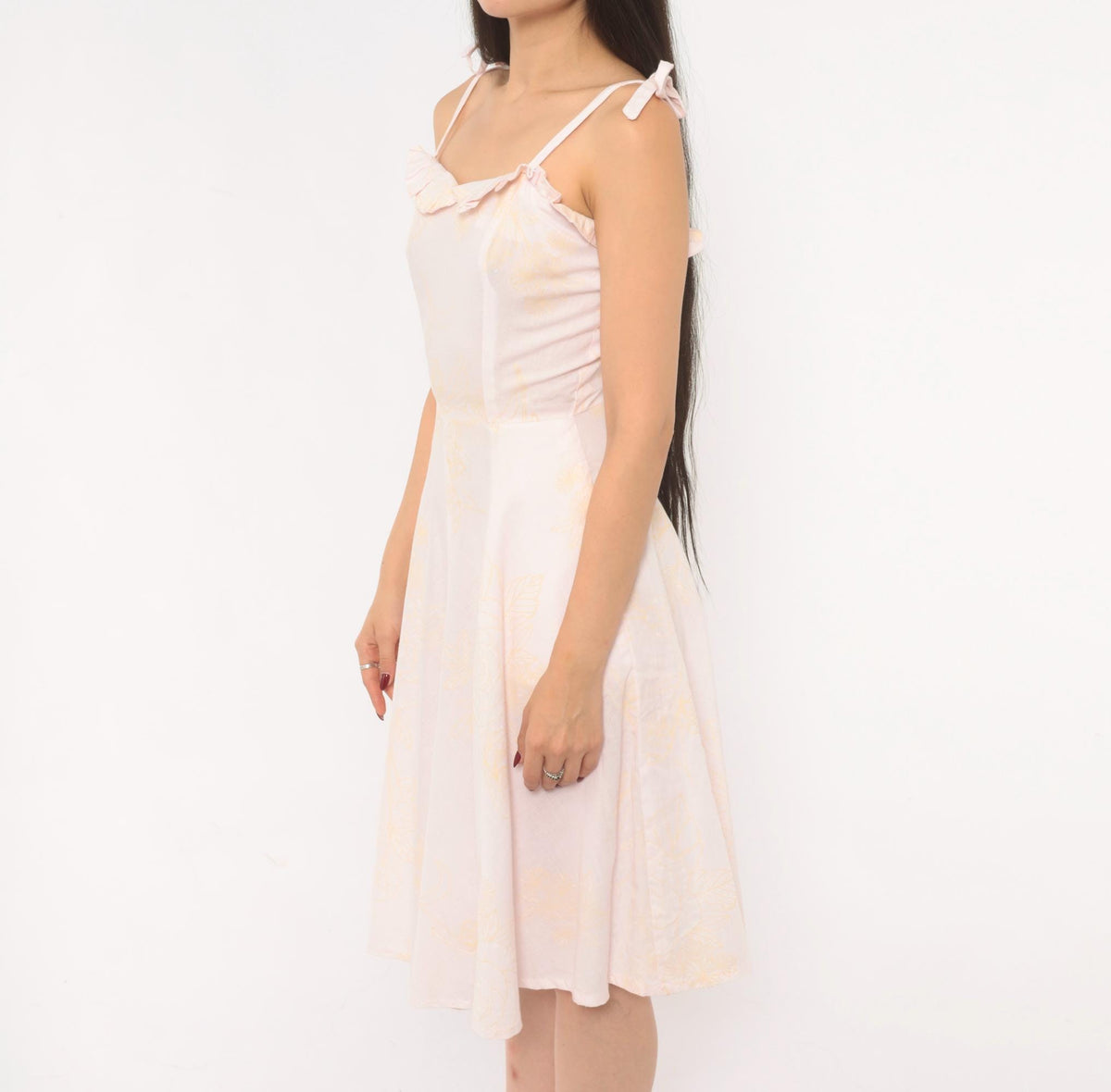 80s Blush Pink Floral Sundress Sweetheart Neckline Ruffle Tie Straps Extra Small XS
