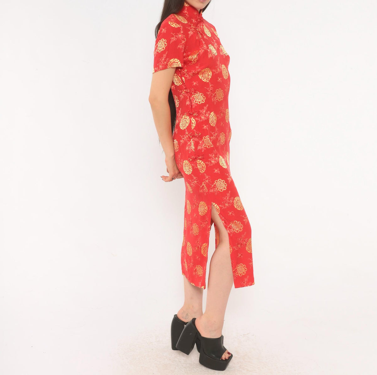 80s Red Gold Cheongsam Midi Dress Mandarin Collar Frog Button Small