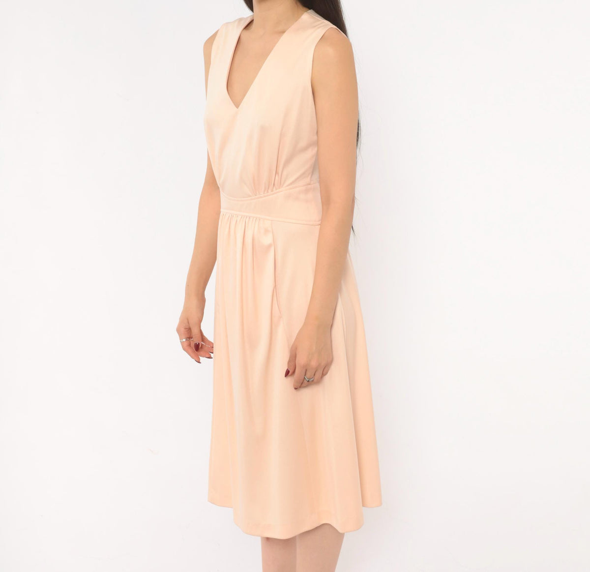 70s Plaza South Peach V-Neck Sundress Pleated Flare Midi Small