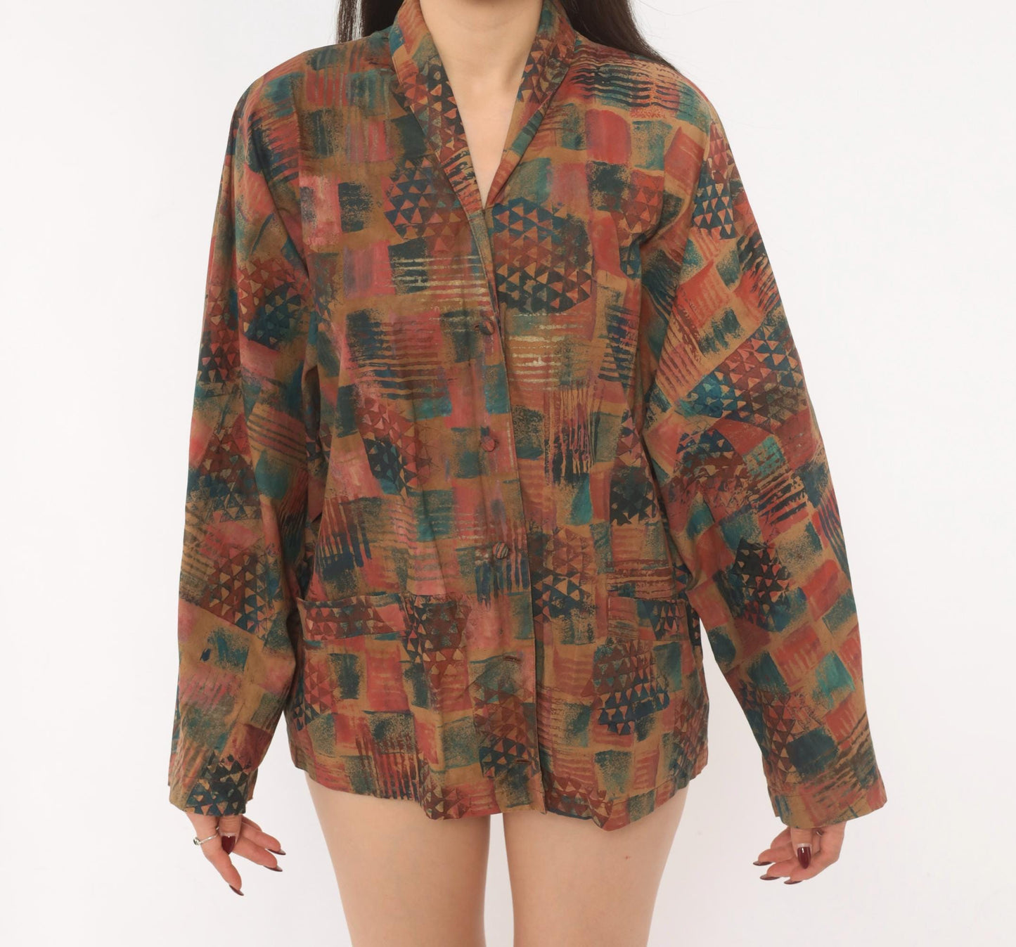 Y2K Abstract Geometric Blazer Shawl Collar Patchwork Rust Teal Medium M