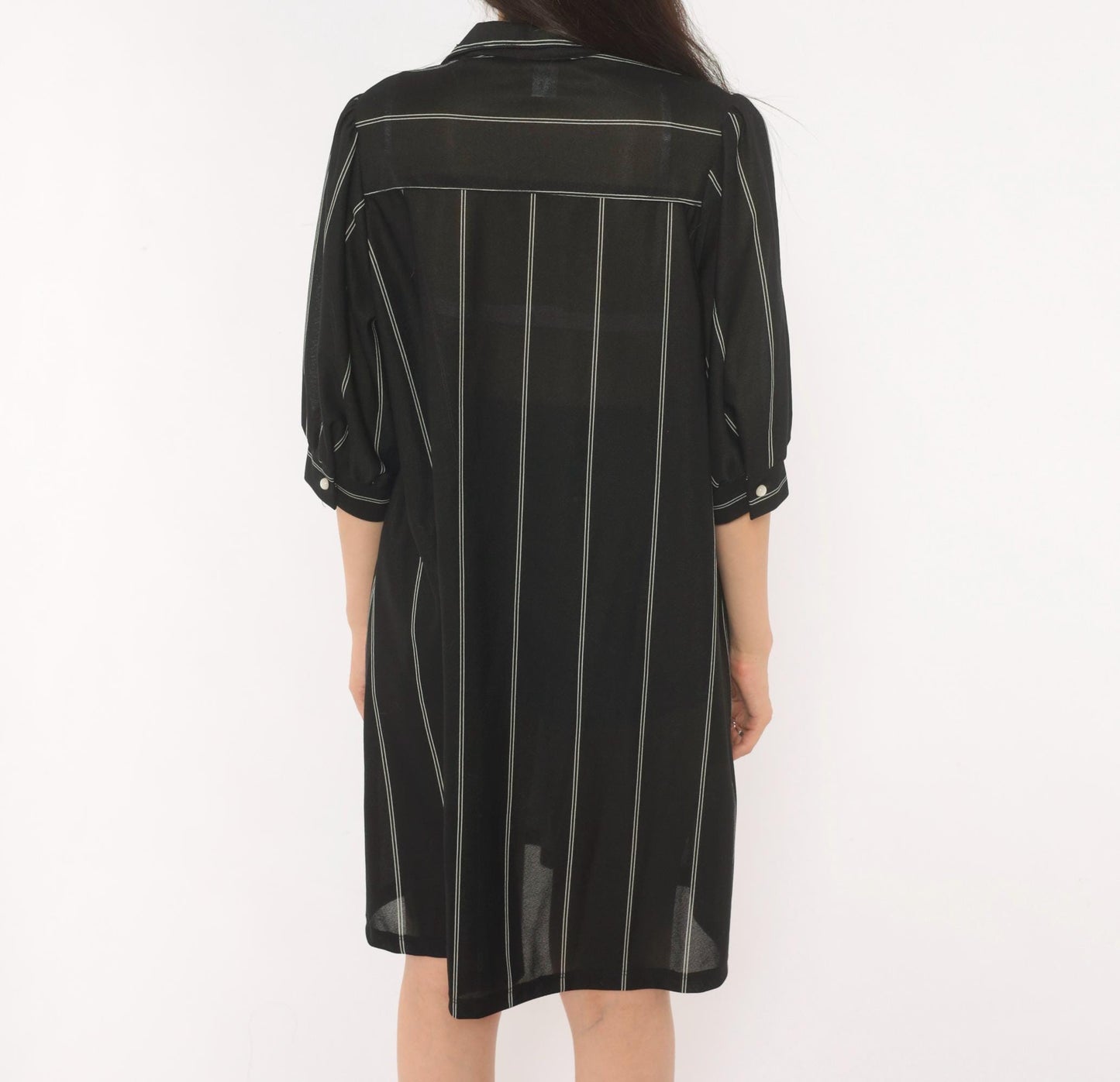 70s Black Pinstripe Shirt Dress Knee-Length Collared Button Front Medium