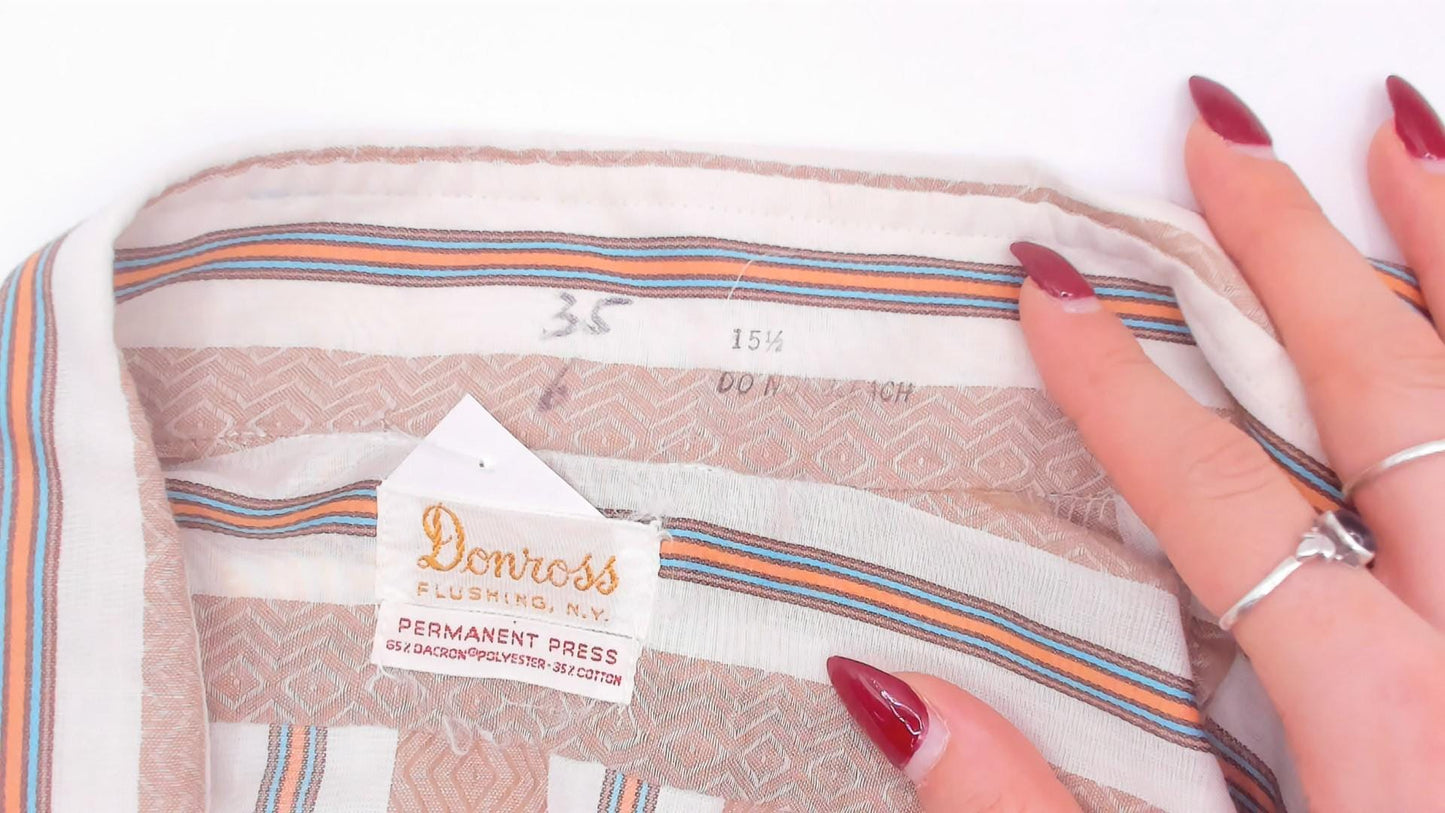 70s Donross Striped Button Up Shirt Cream Tan Teal Orange Camp Collar Medium