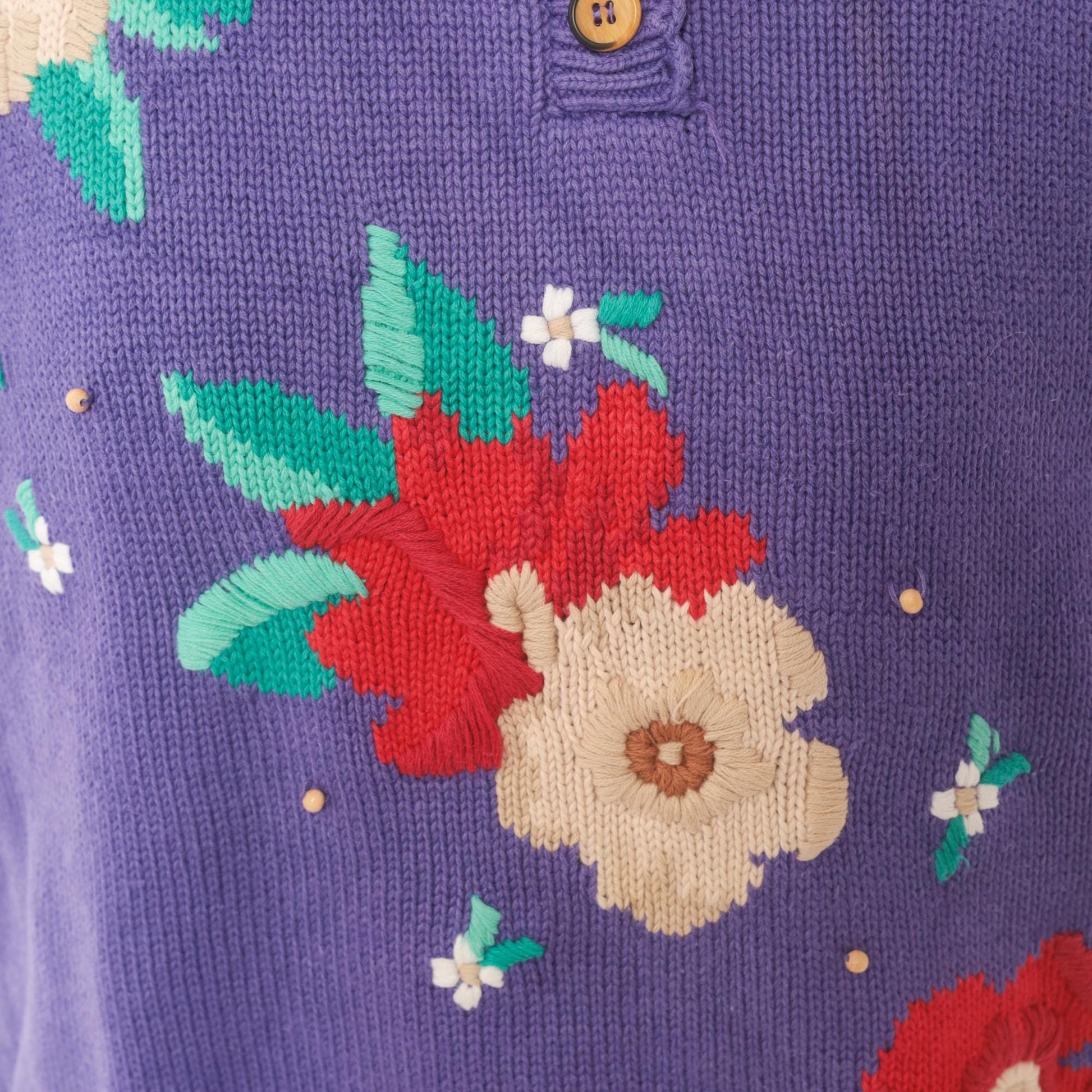 80s Koret Francisca Purple Floral Embroidered Henley Sweater Cotton Medium M