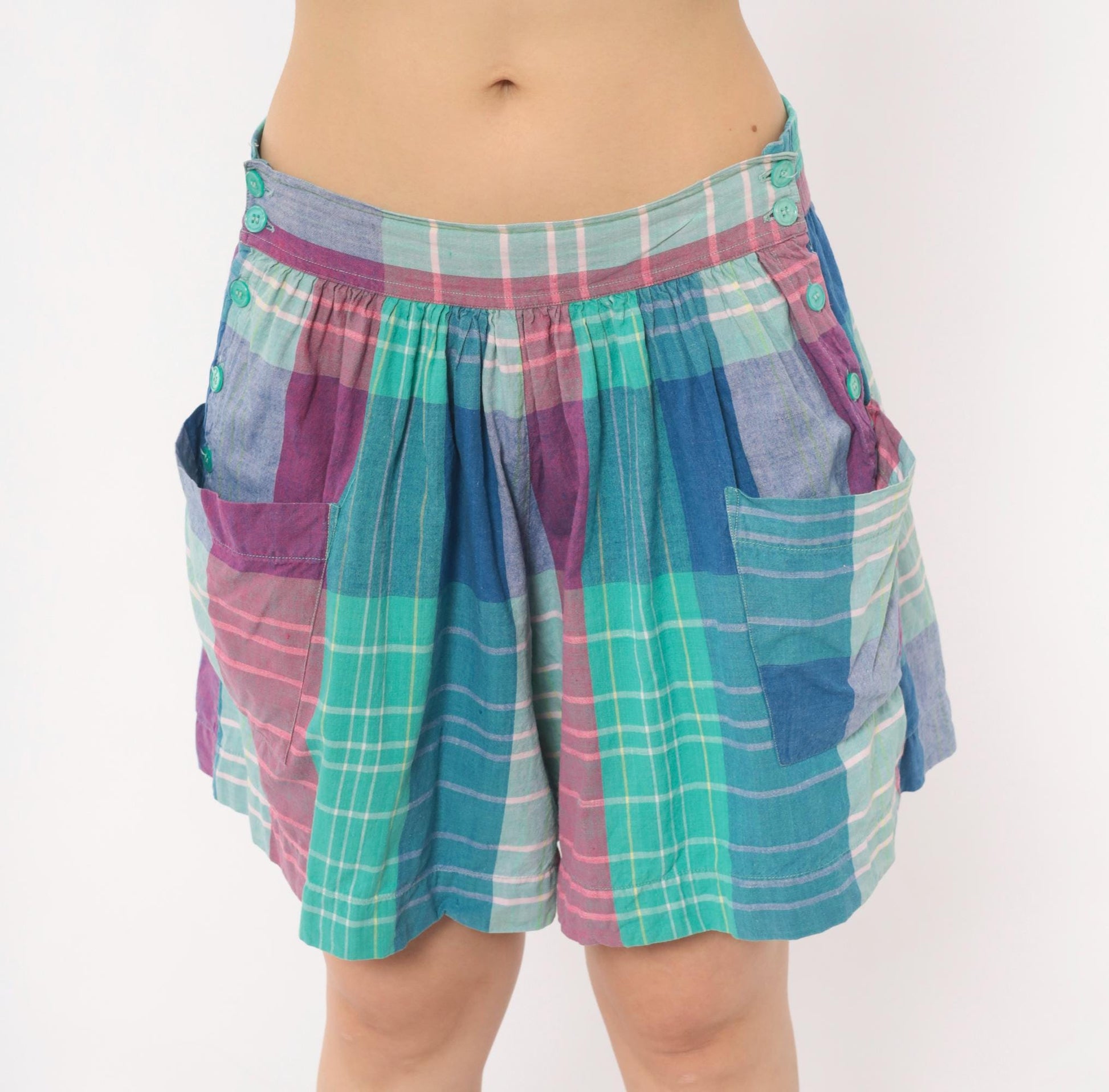 90s Technics Madras Plaid Shorts High Waisted Wide Leg Cotton Teal Pink Large L