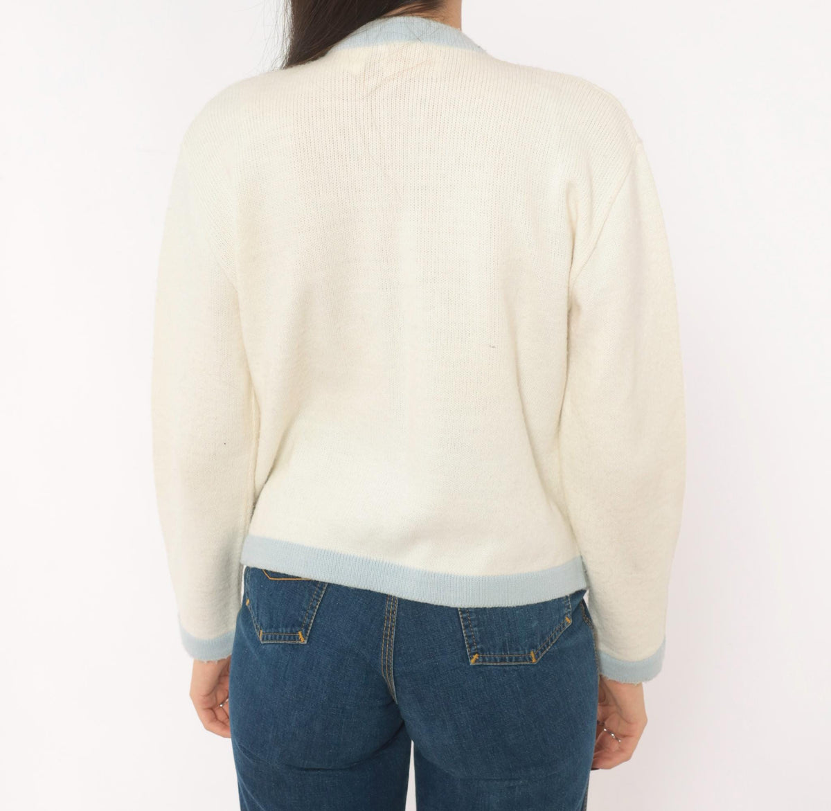 70s Mello Knit Cream Baby Blue Diamond Cardigan Button Front Medium