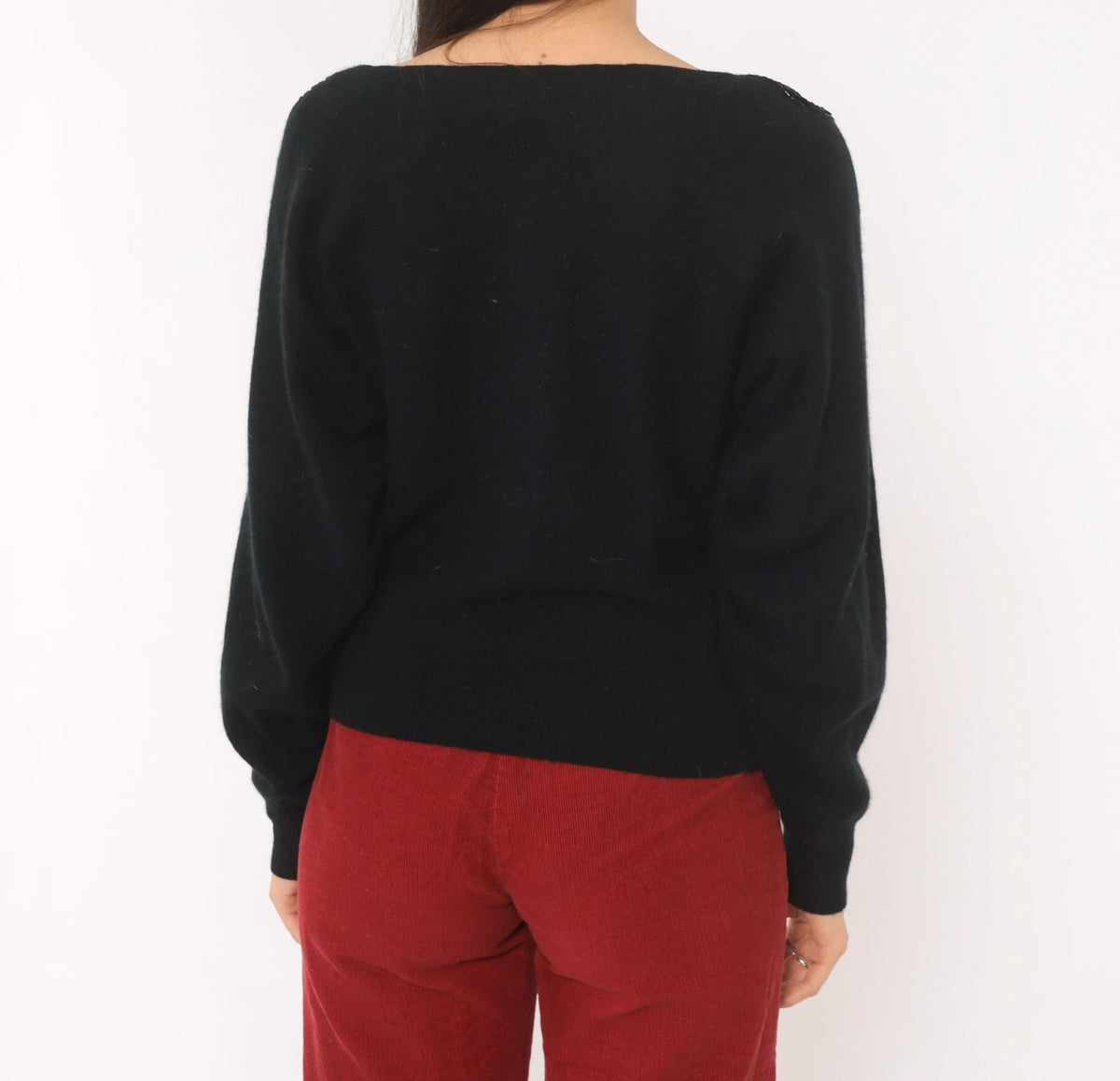 80s Sunbow 2 Black Beaded Mesh V-Neck Angora Pullover Dolman Sleeve Medium