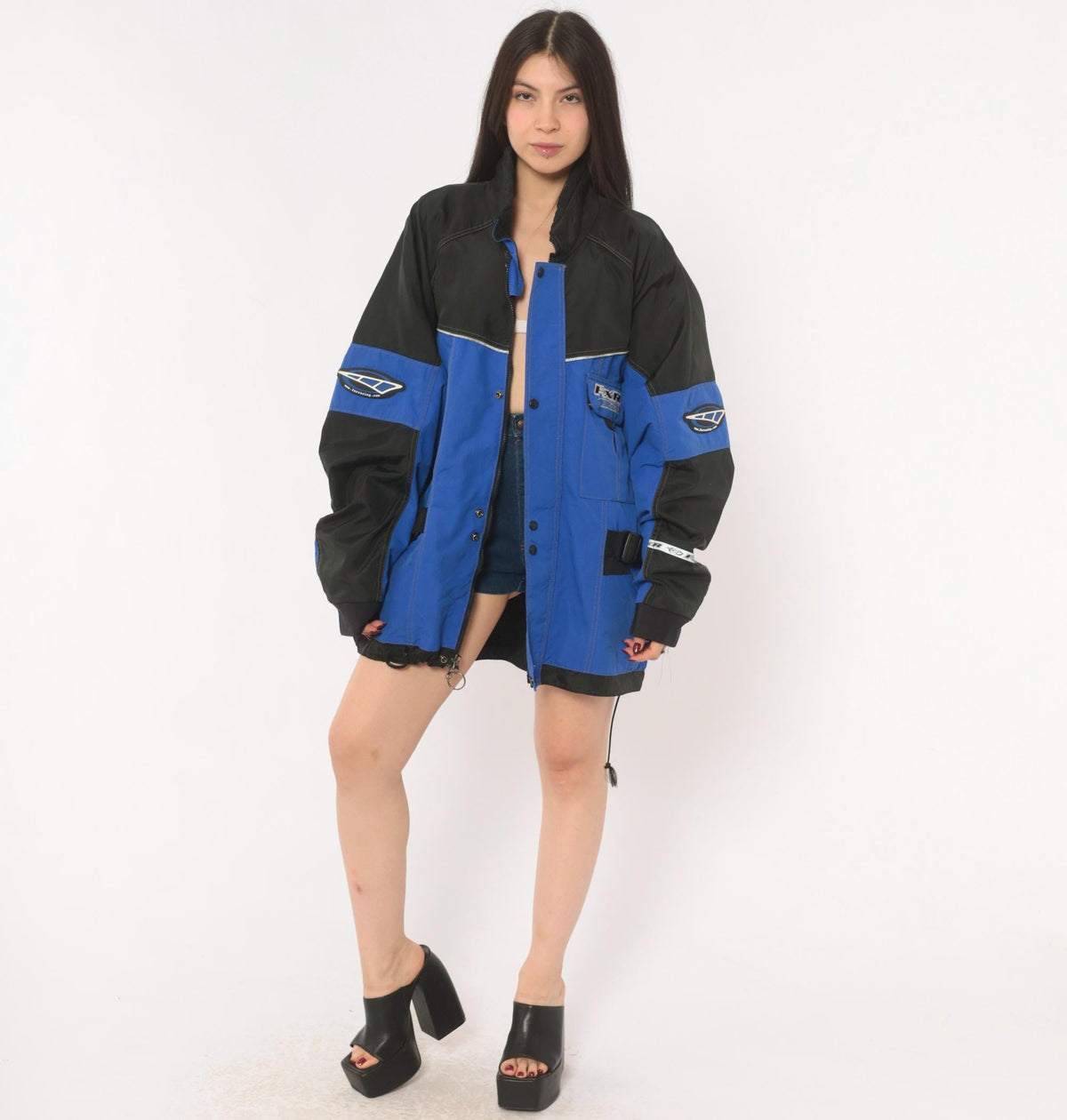 90s FXR X-Tech Snowmobile Jacket Blue Black Color Block Nylon Shell Extra Large XL